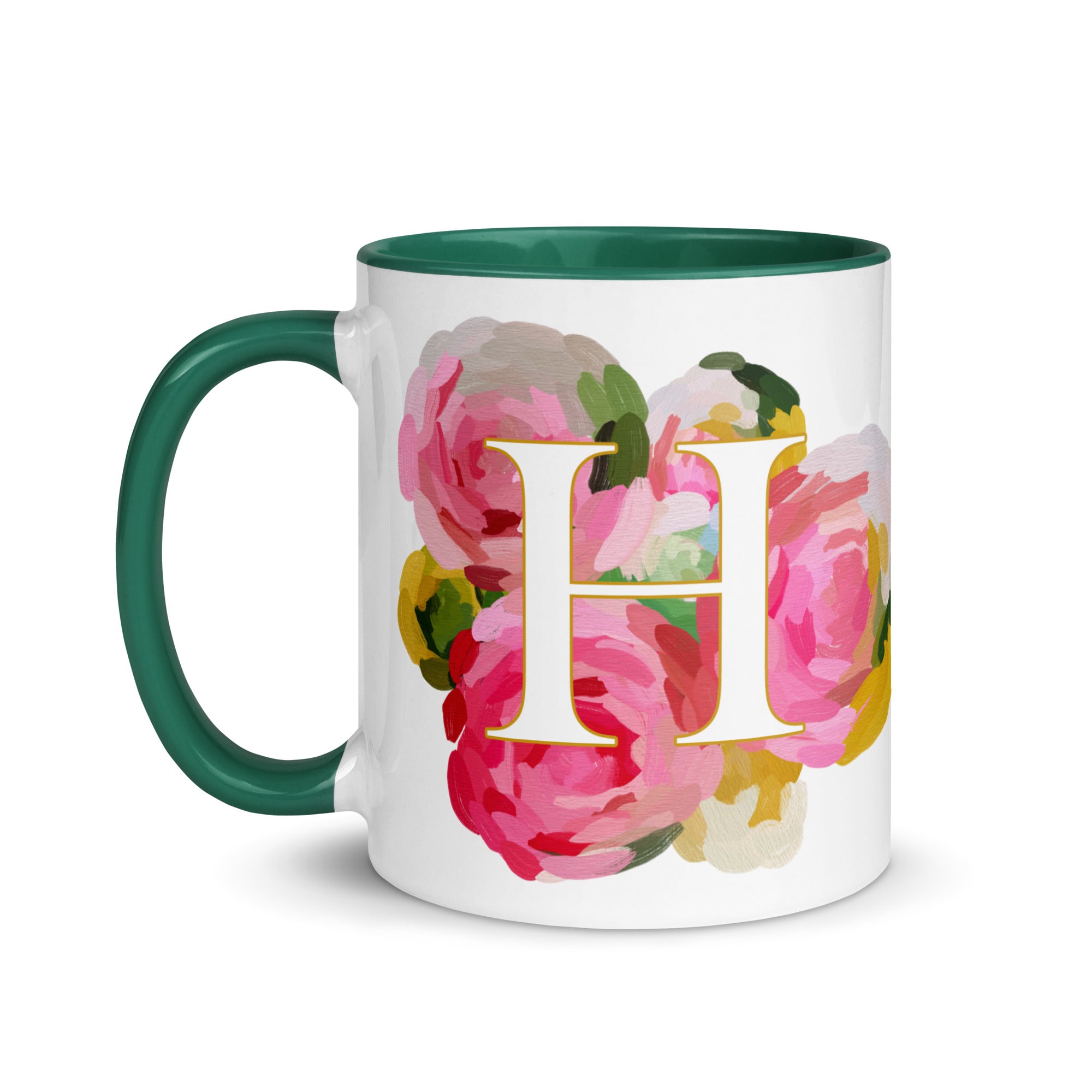 Pink Flowers Monogram Ceramic Mug - Letter H - Pretty coffee and tea mug for flower lovers. Green colored on the inside and the handle. Art by Parima Studio. Chic floral mug