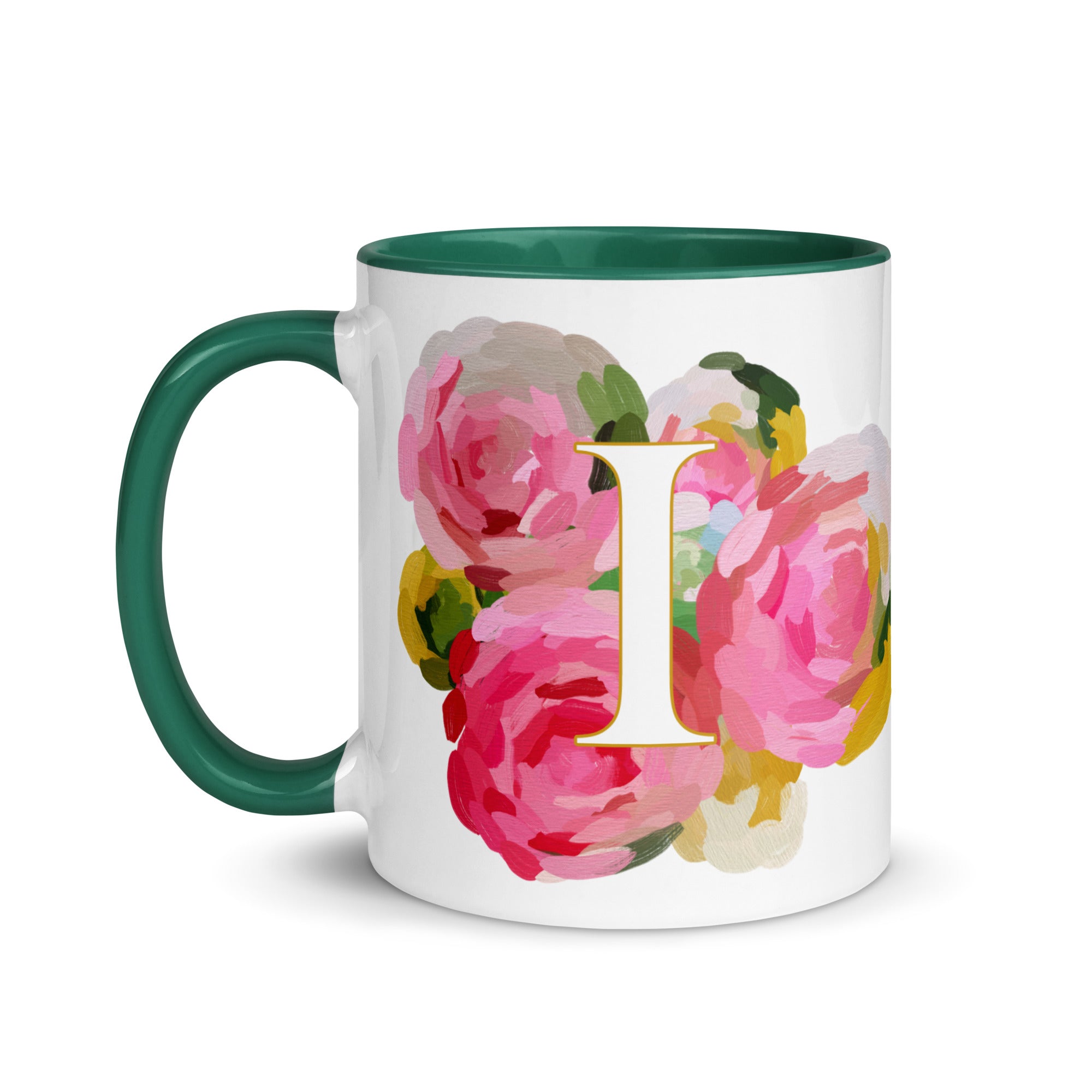 Pink Flowers Monogram Ceramic Mug - Letter I - Pretty coffee and tea mug for flower lovers. Green colored on the inside and the handle. Art by Parima Studio. Chic floral mug