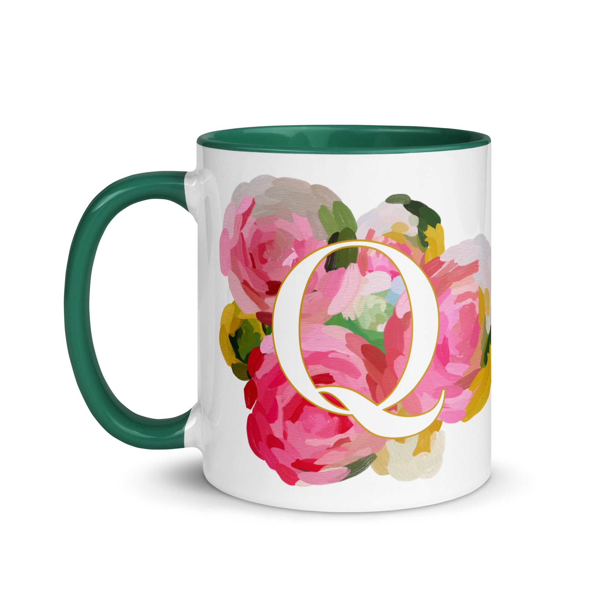 Pink Flowers Monogram Ceramic Mug - Letter Q - Pretty coffee and tea mug for flower lovers. Green colored on the inside and the handle. Art by Parima Studio. Chic floral mug