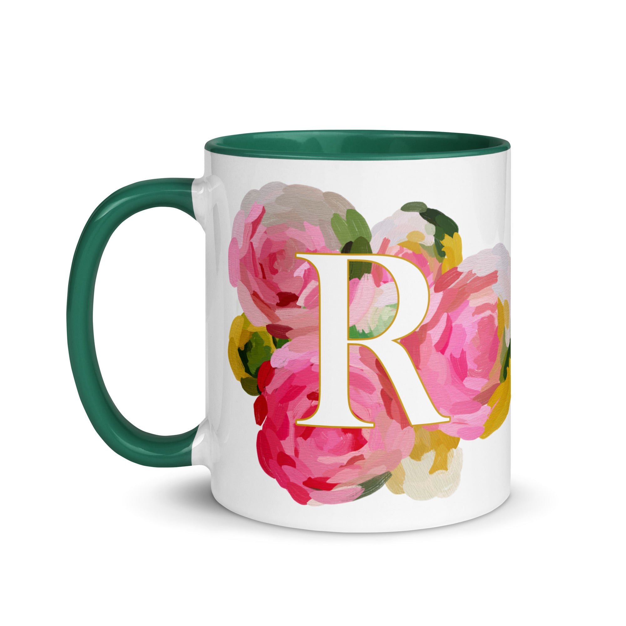 Pink Flowers Monogram Ceramic Mug - Letter R - Pretty coffee and tea mug for flower lovers. Green colored on the inside and the handle. Art by Parima Studio. Chic floral mug