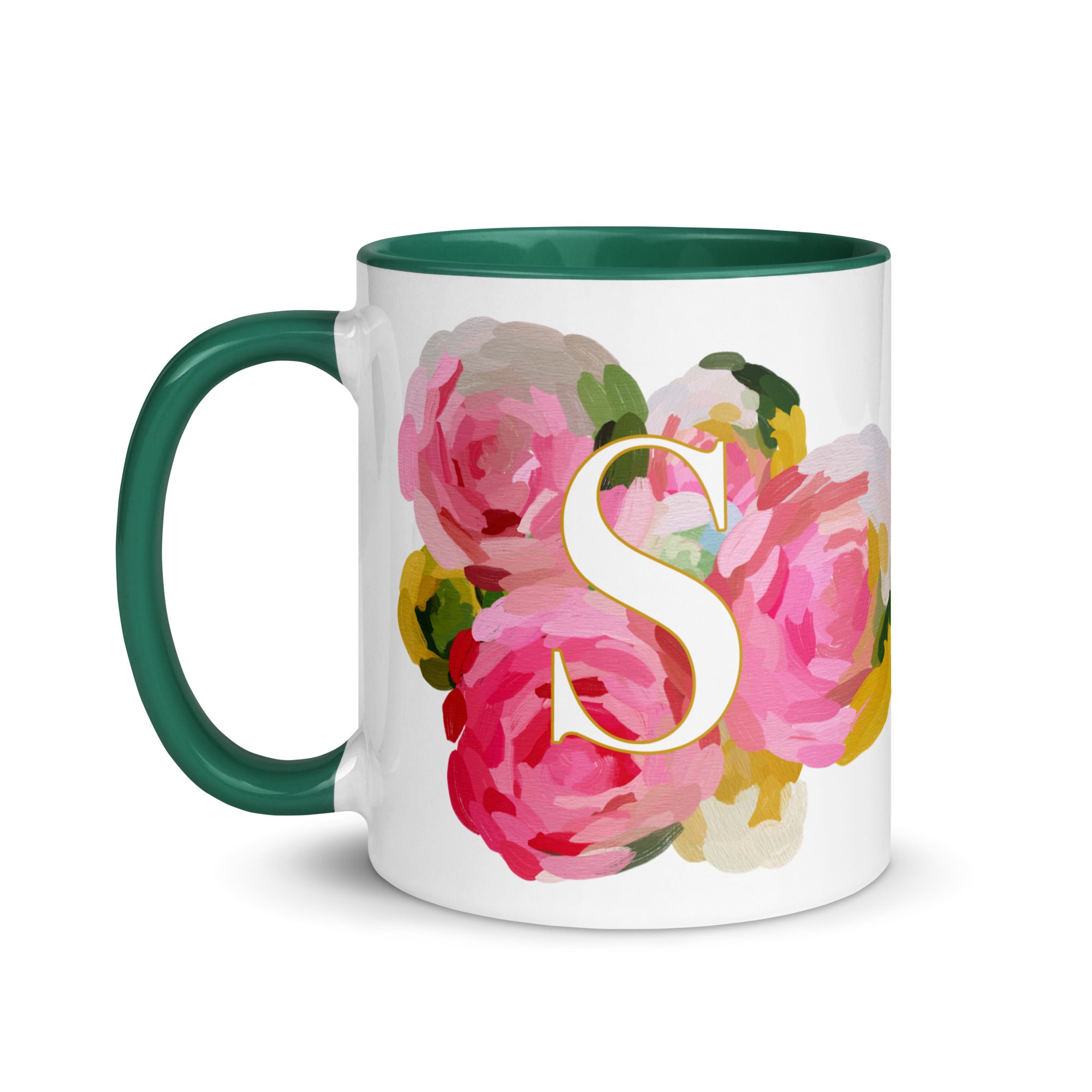 Pink Flowers Monogram Ceramic Mug - Letter S - Pretty coffee and tea mug for flower lovers. Green colored on the inside and the handle. Art by Parima Studio. Chic floral mug