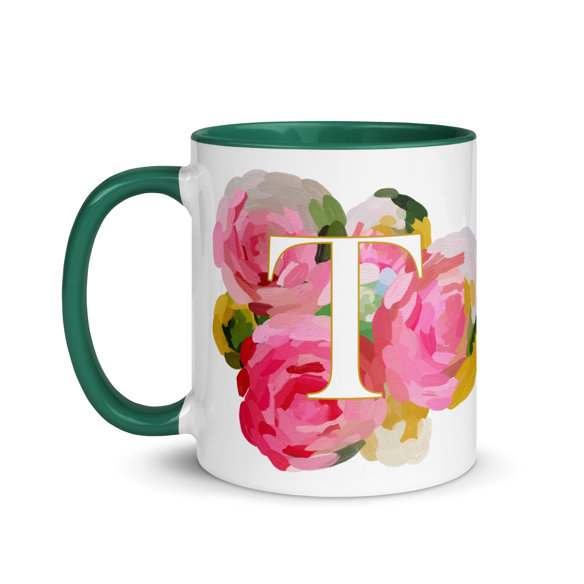 Pink Flowers Monogram Ceramic Mug - Letter T - Pretty coffee and tea mug for flower lovers. Green colored on the inside and the handle. Art by Parima Studio. Chic floral mug