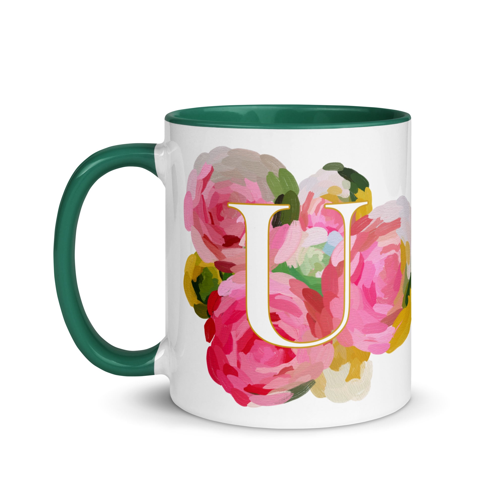 Pink Flowers Monogram Ceramic Mug - Letter U - Pretty coffee and tea mug for flower lovers. Green colored on the inside and the handle. Art by Parima Studio. Chic floral mug