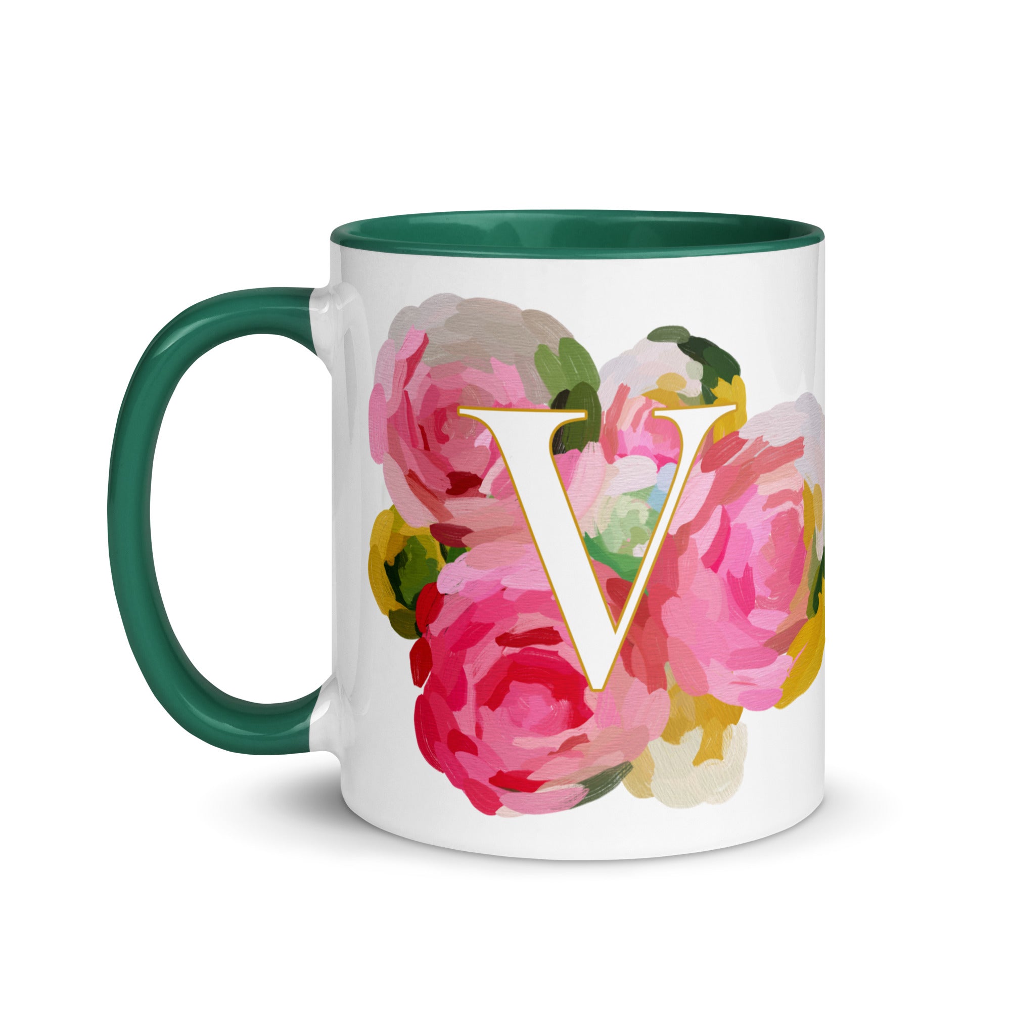 Pink Flowers Monogram Ceramic Mug - Letter V - Pretty coffee and tea mug for flower lovers. Green colored on the inside and the handle. Art by Parima Studio. Chic floral mug