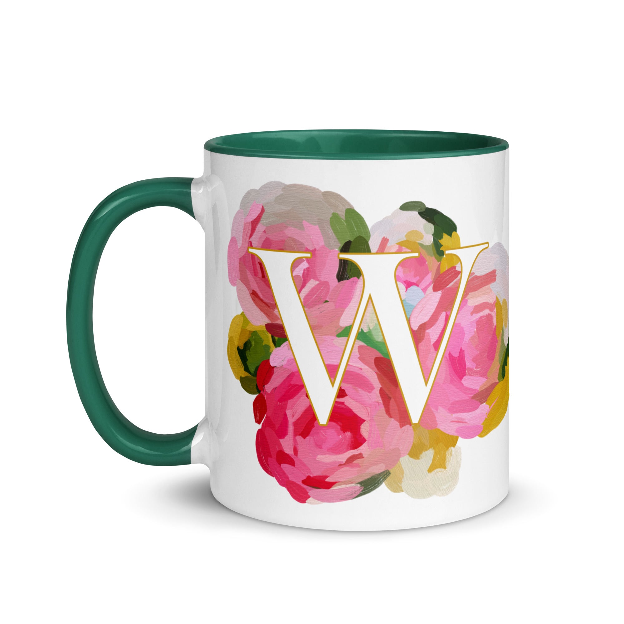 Pink Flowers Monogram Ceramic Mug - Letter W - Pretty coffee and tea mug for flower lovers. Green colored on the inside and the handle. Art by Parima Studio. Chic floral mug