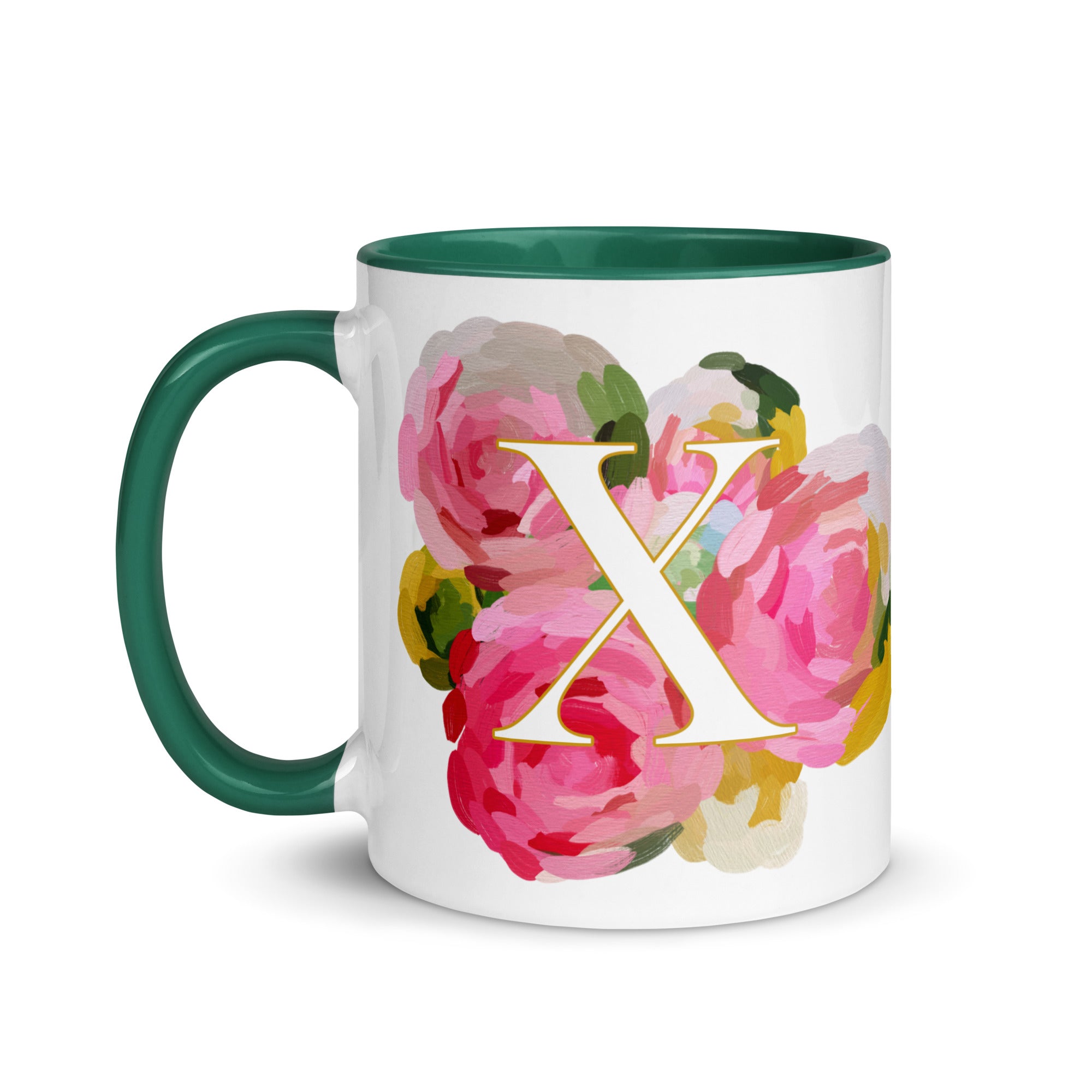 Pink Flowers Monogram Ceramic Mug - Letter X - Pretty coffee and tea mug for flower lovers. Green colored on the inside and the handle. Art by Parima Studio. Chic floral mug