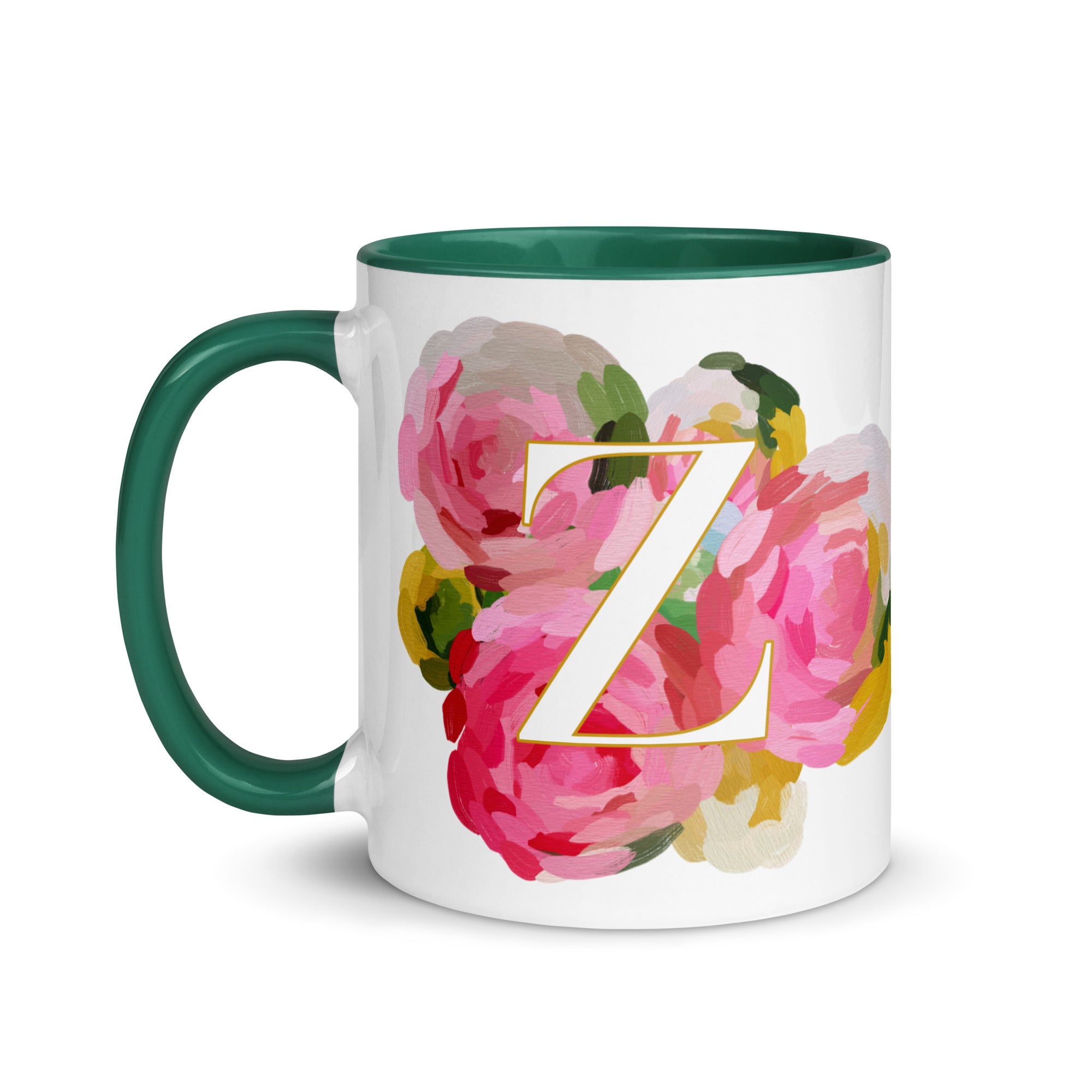 Pink Flowers Monogram Ceramic Mug - Letter Z - Pretty coffee and tea mug for flower lovers. Green colored on the inside and the handle. Art by Parima Studio. Chic floral mug