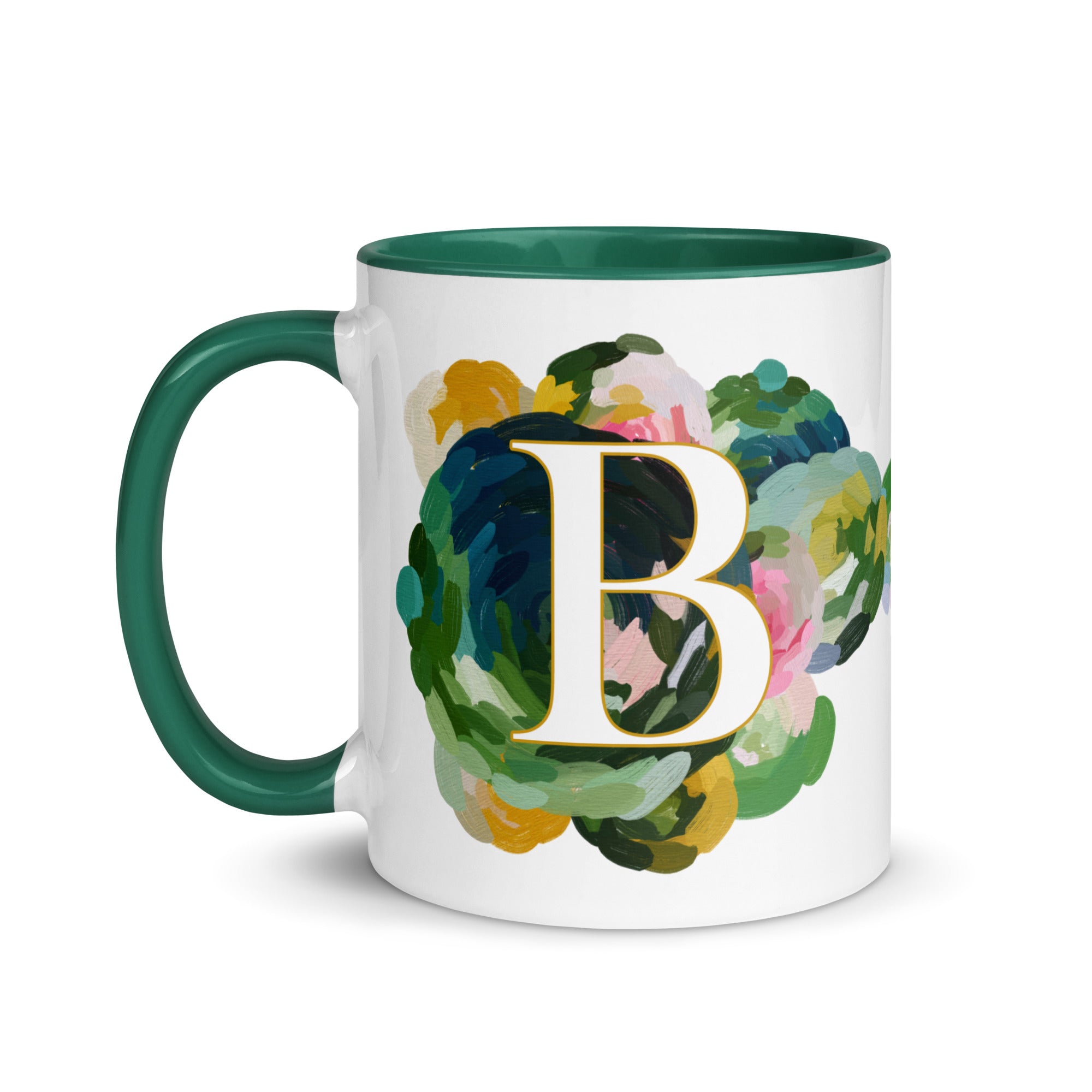 Blue Flowers Monogram Ceramic Mug - Letter B - Pretty coffee and tea mug for flower lovers. Green colored on the inside and the handle. Art by Parima Studio. Chic floral mug