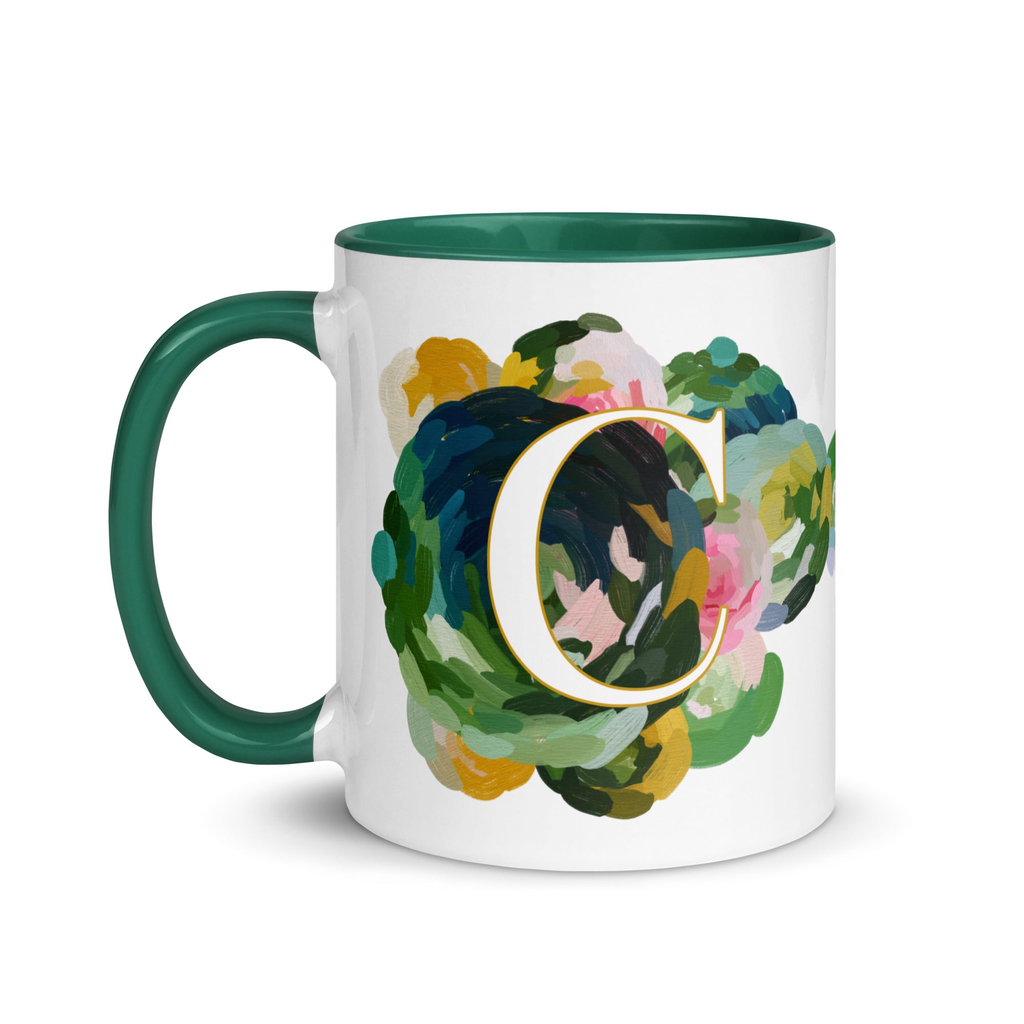 Blue Flowers Monogram Ceramic Mug - Letter C - Pretty coffee and tea mug for flower lovers. Green colored on the inside and the handle. Art by Parima Studio. Chic floral mug
