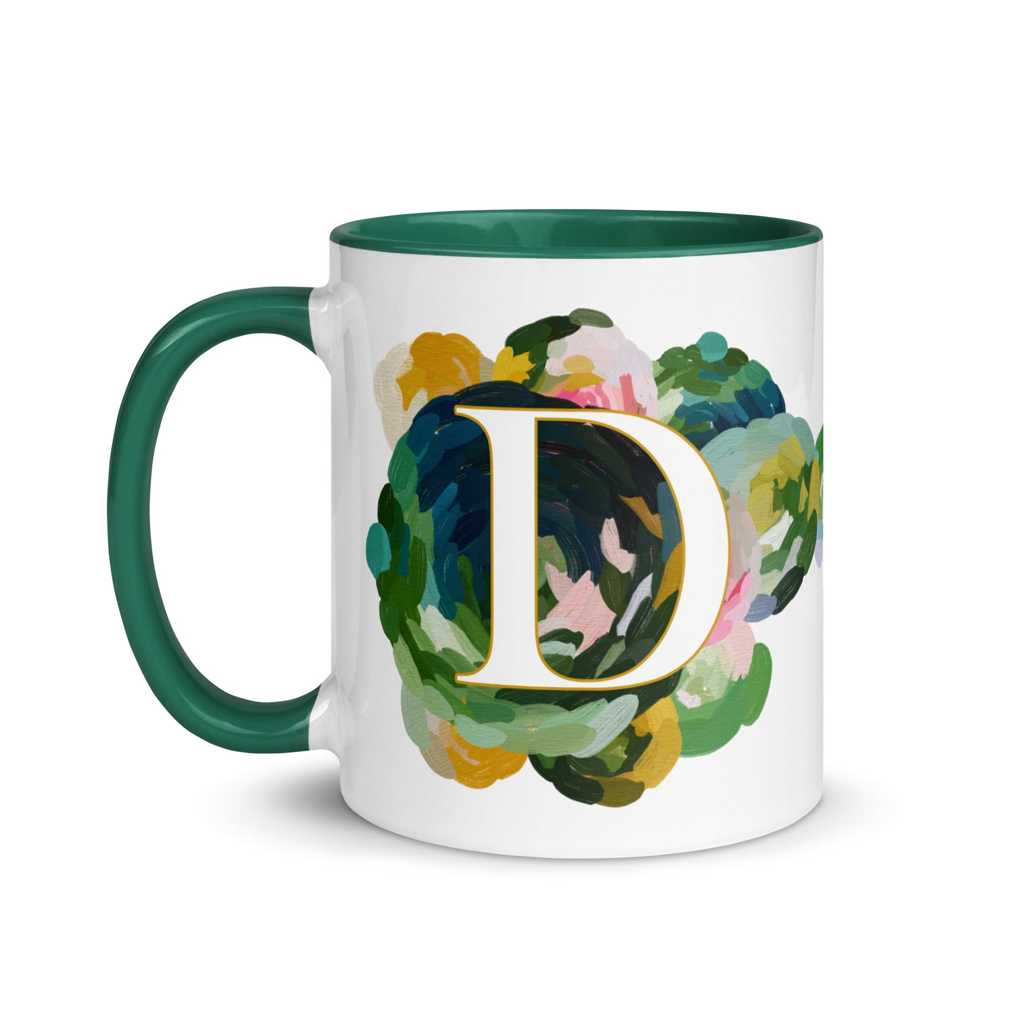 Blue Flowers Monogram Ceramic Mug - Letter D - Pretty coffee and tea mug for flower lovers. Green colored on the inside and the handle. Art by Parima Studio. Chic floral mug