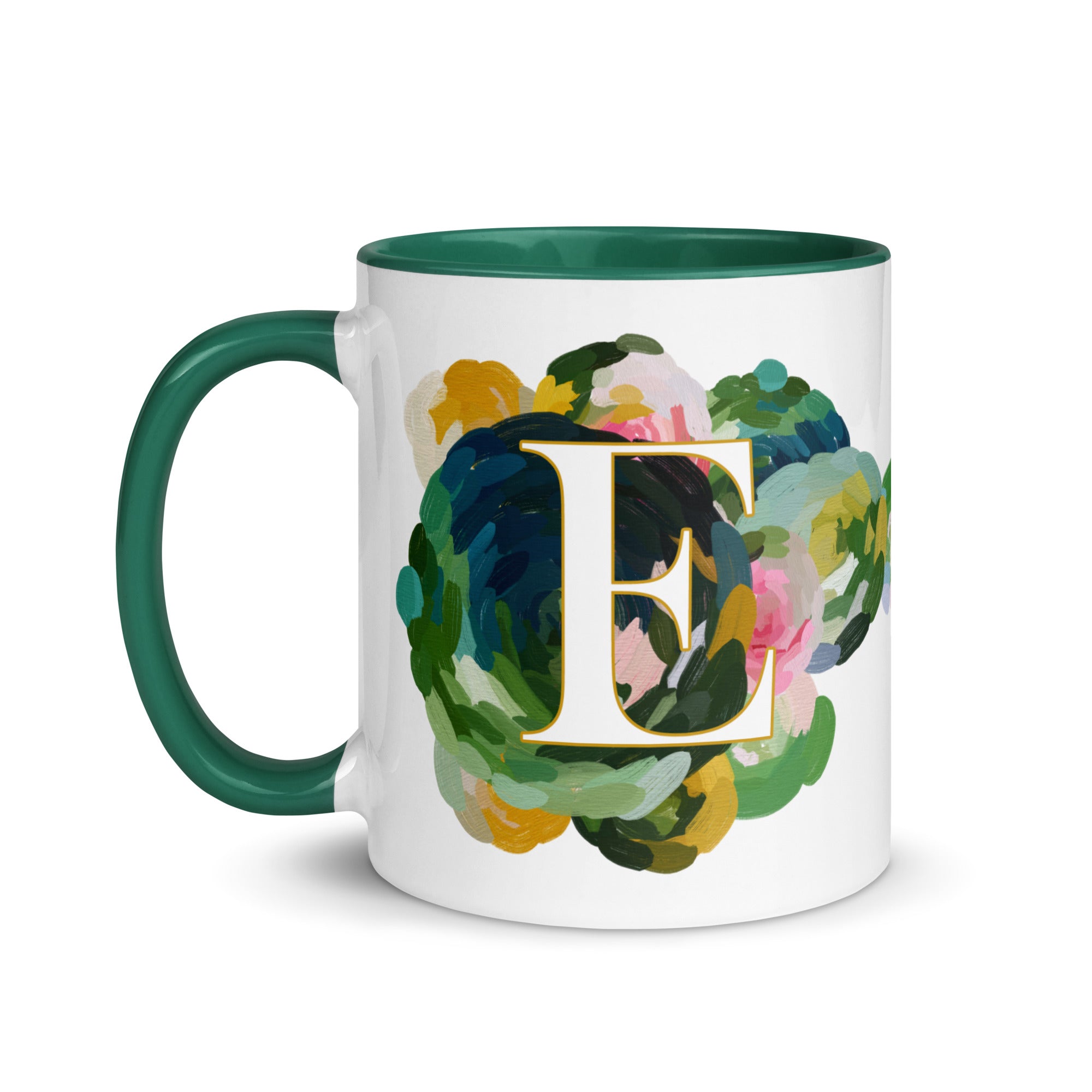 Blue Flowers Monogram Ceramic Mug - Letter E - Pretty coffee and tea mug for flower lovers. Green colored on the inside and the handle. Art by Parima Studio. Chic floral mug