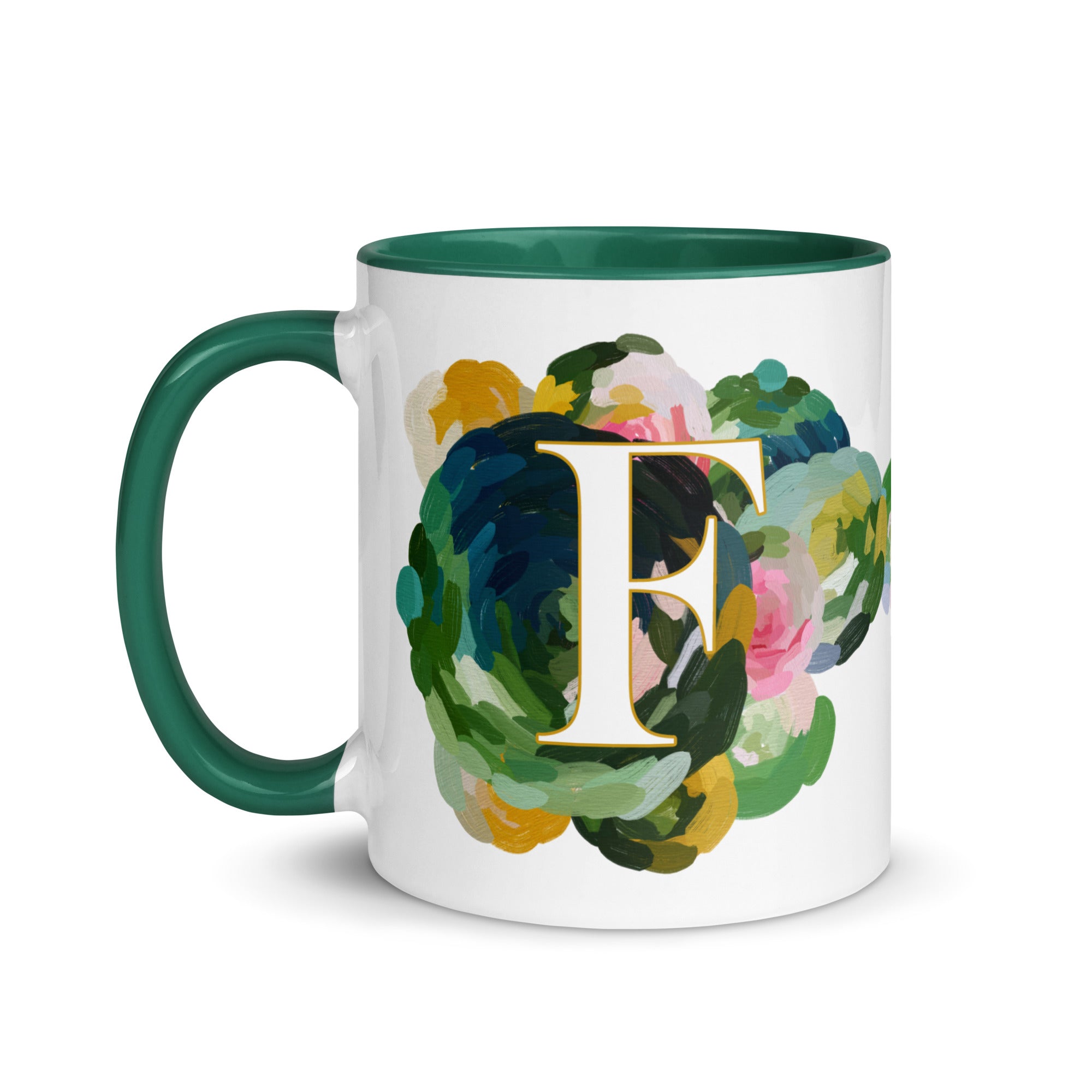 Blue Flowers Monogram Ceramic Mug - Letter F - Pretty coffee and tea mug for flower lovers. Green colored on the inside and the handle. Art by Parima Studio. Chic floral mug