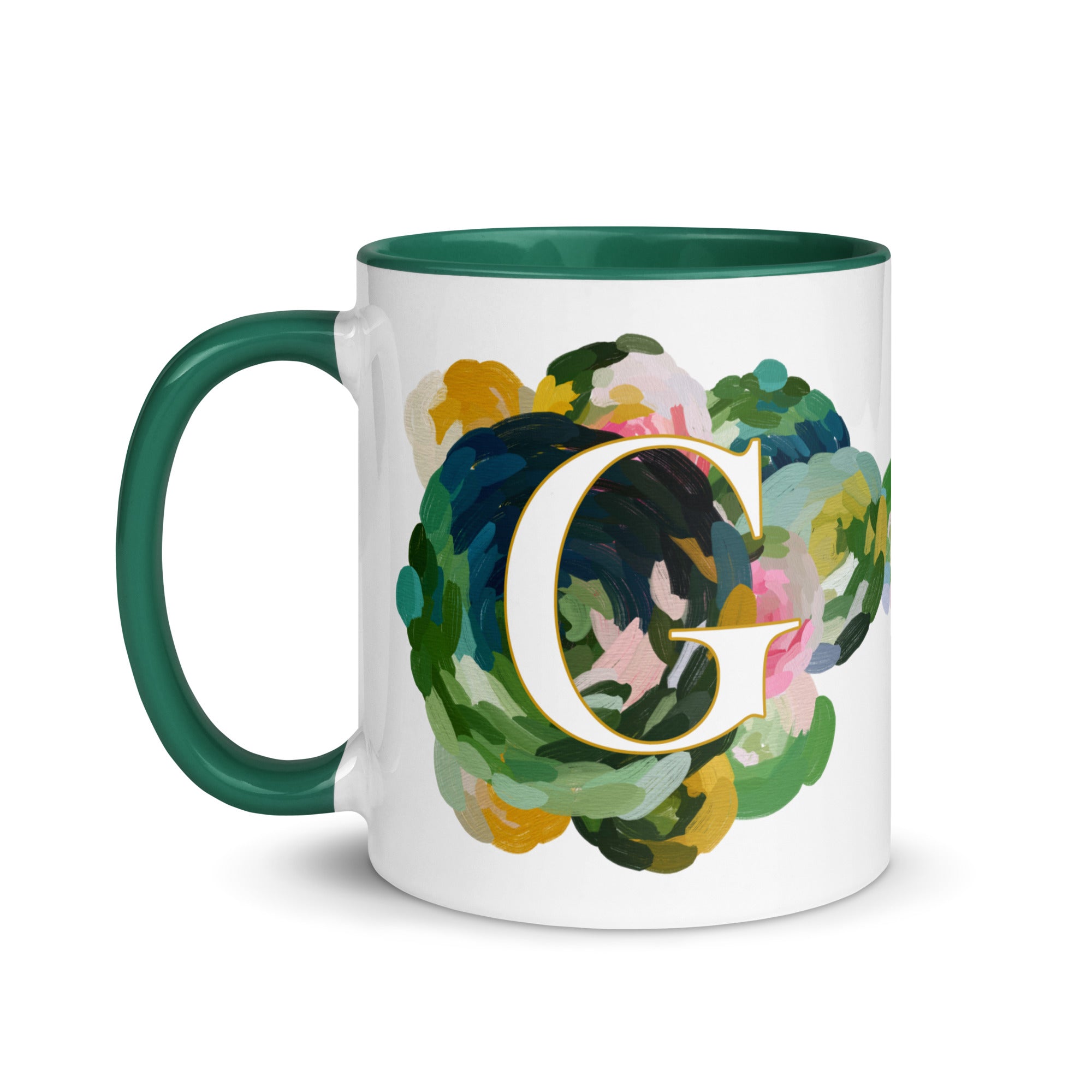 Blue Flowers Monogram Ceramic Mug - Letter G - Pretty coffee and tea mug for flower lovers. Green colored on the inside and the handle. Art by Parima Studio. Chic floral mug