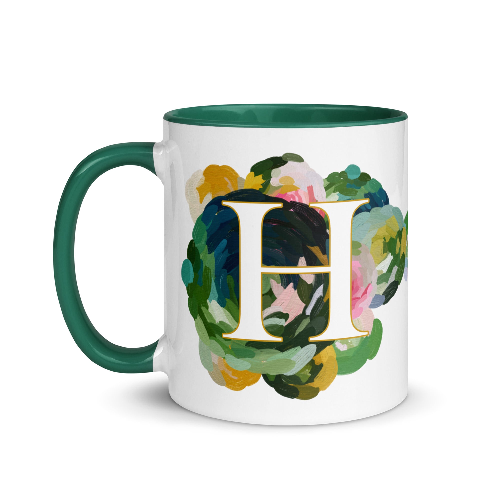 Blue Flowers Monogram Ceramic Mug - Letter H - Pretty coffee and tea mug for flower lovers. Green colored on the inside and the handle. Art by Parima Studio. Chic floral mug