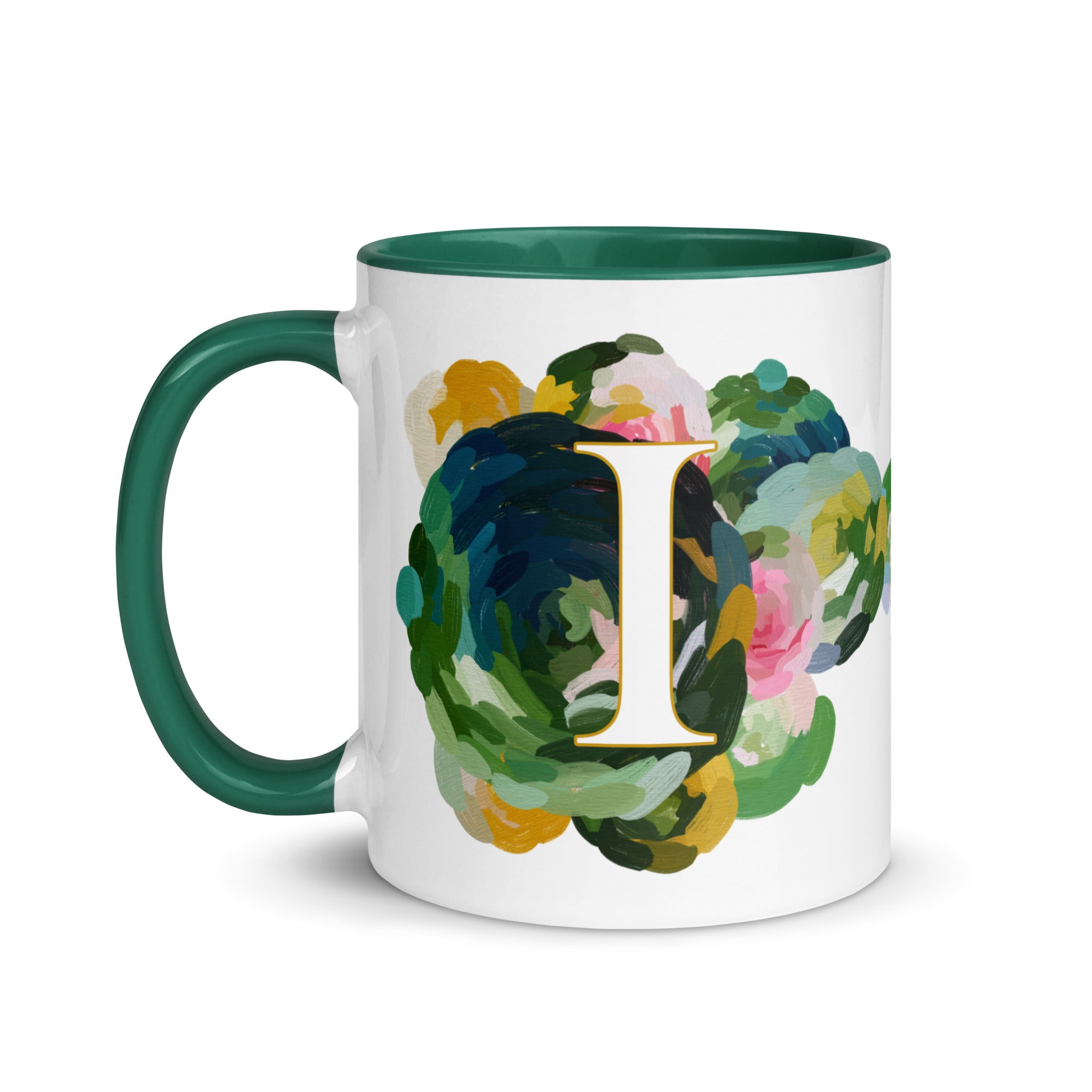 Blue Flowers Monogram Ceramic Mug - Letter I - Pretty coffee and tea mug for flower lovers. Green colored on the inside and the handle. Art by Parima Studio. Chic floral mug