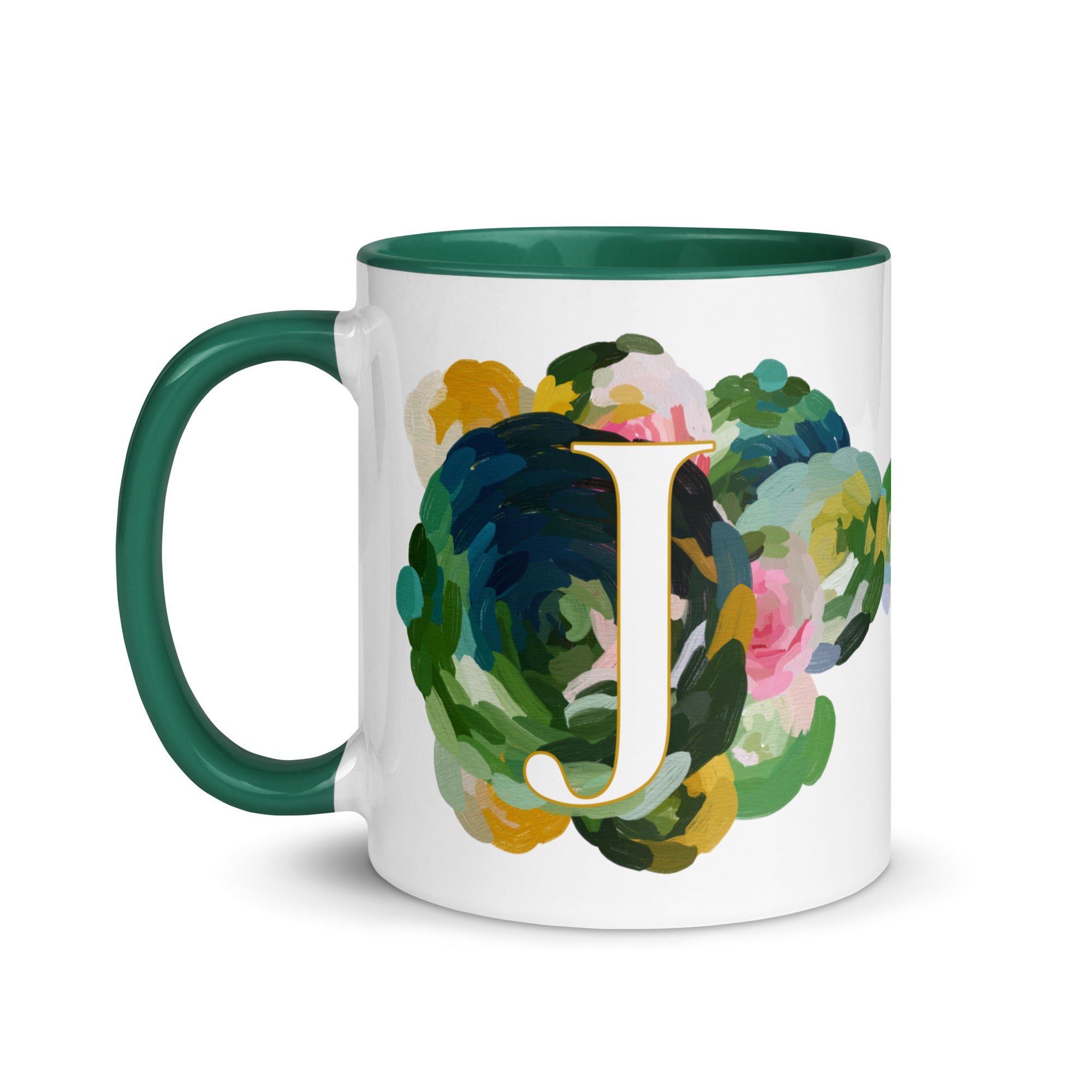 Blue Flowers Monogram Ceramic Mug - Letter J - Pretty coffee and tea mug for flower lovers. Green colored on the inside and the handle. Art by Parima Studio. Chic floral mug