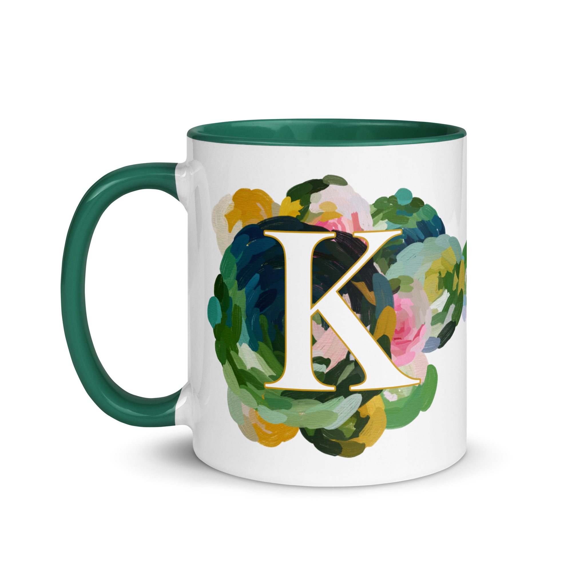 Blue Flowers Monogram Ceramic Mug - Letter K - Pretty coffee and tea mug for flower lovers. Green colored on the inside and the handle. Art by Parima Studio. Chic floral mug