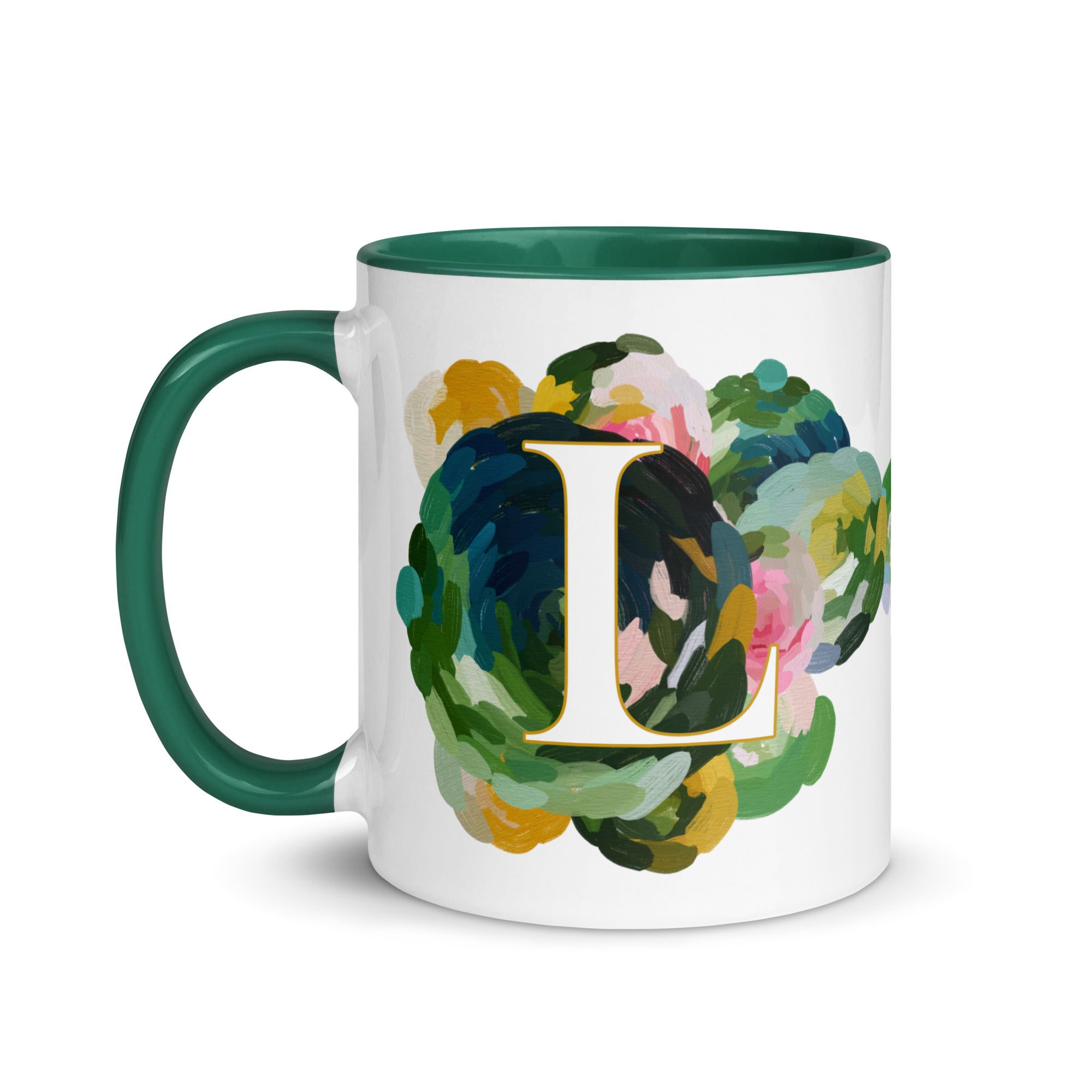Blue Flowers Monogram Ceramic Mug - Letter L - Pretty coffee and tea mug for flower lovers. Green colored on the inside and the handle. Art by Parima Studio. Chic floral mug