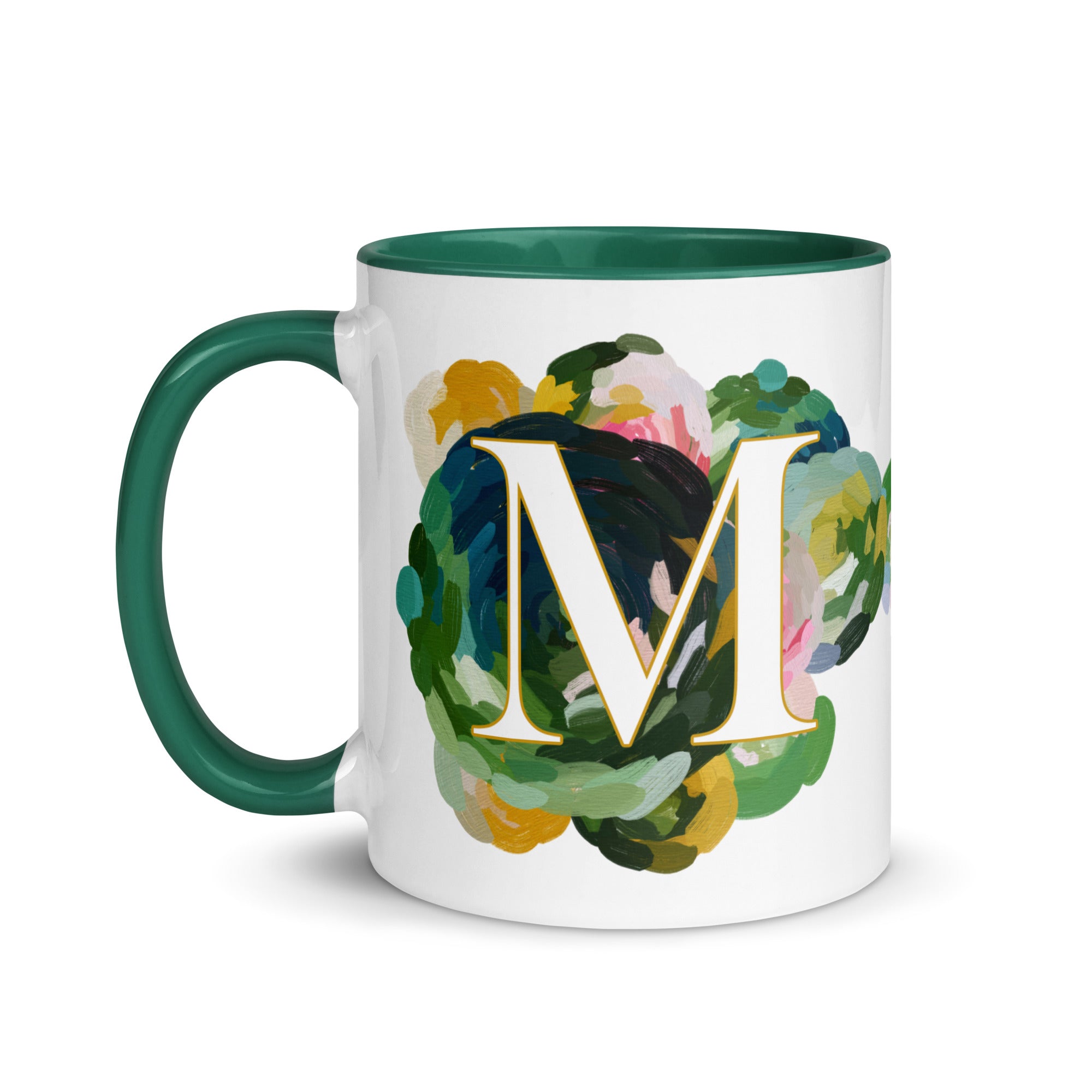 Blue Flowers Monogram Ceramic Mug - Letter M - Pretty coffee and tea mug for flower lovers. Green colored on the inside and the handle. Art by Parima Studio. Chic floral mug