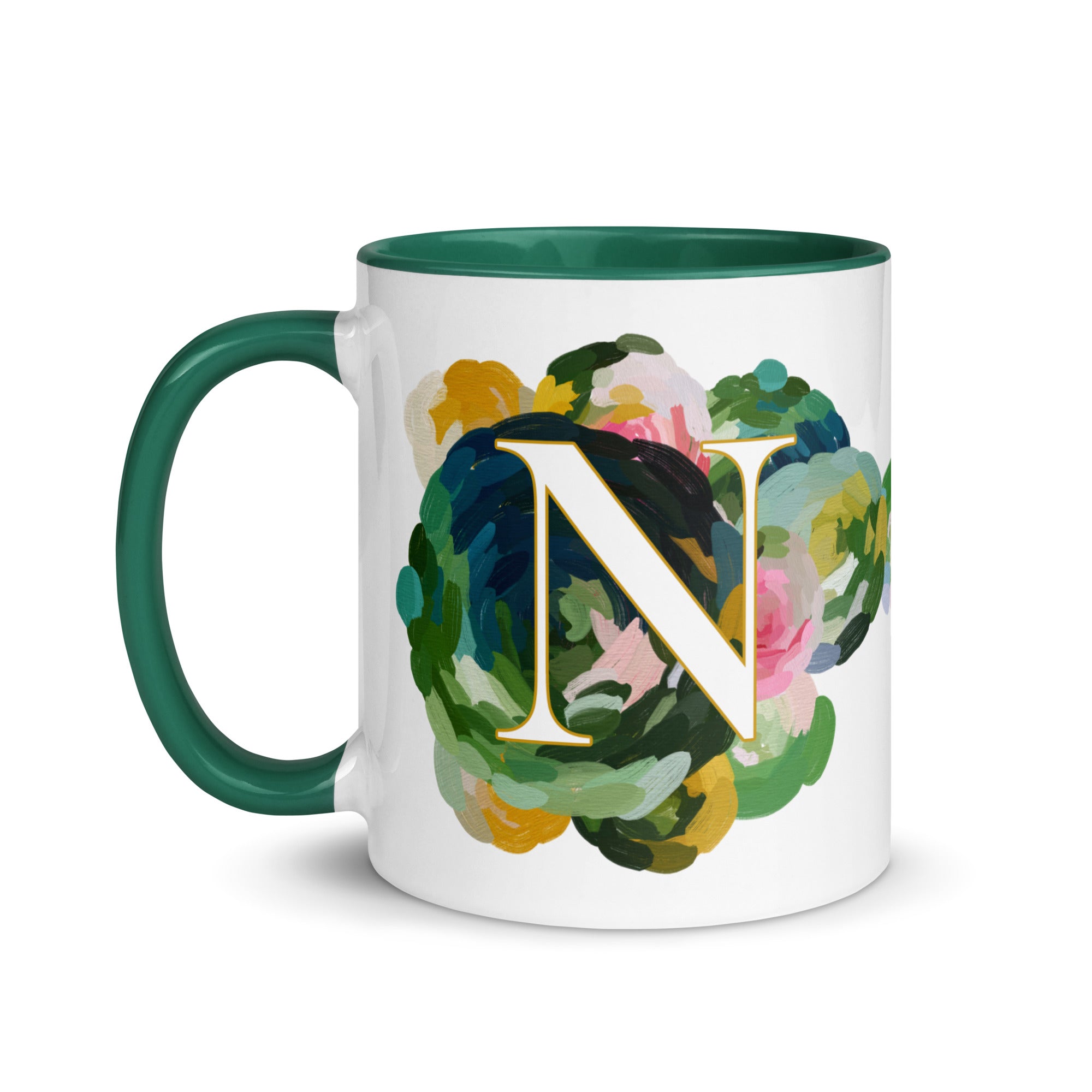 Blue Flowers Monogram Ceramic Mug - Letter N - Pretty coffee and tea mug for flower lovers. Green colored on the inside and the handle. Art by Parima Studio. Chic floral mug