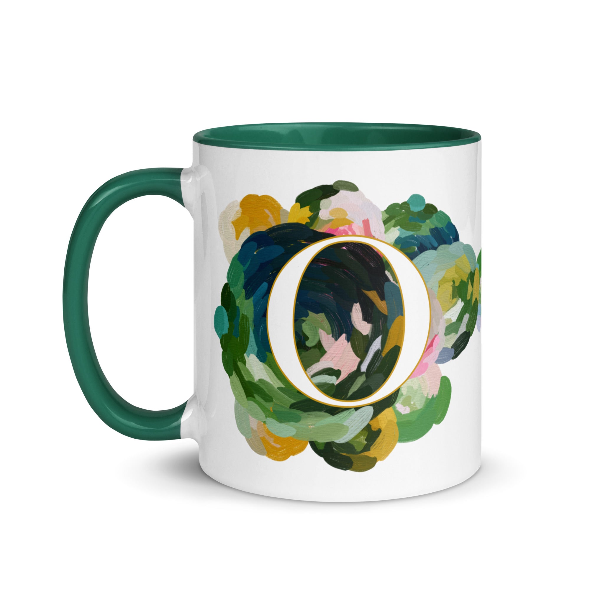 Blue Flowers Monogram Ceramic Mug - Letter O - Pretty coffee and tea mug for flower lovers. Green colored on the inside and the handle. Art by Parima Studio. Chic floral mug