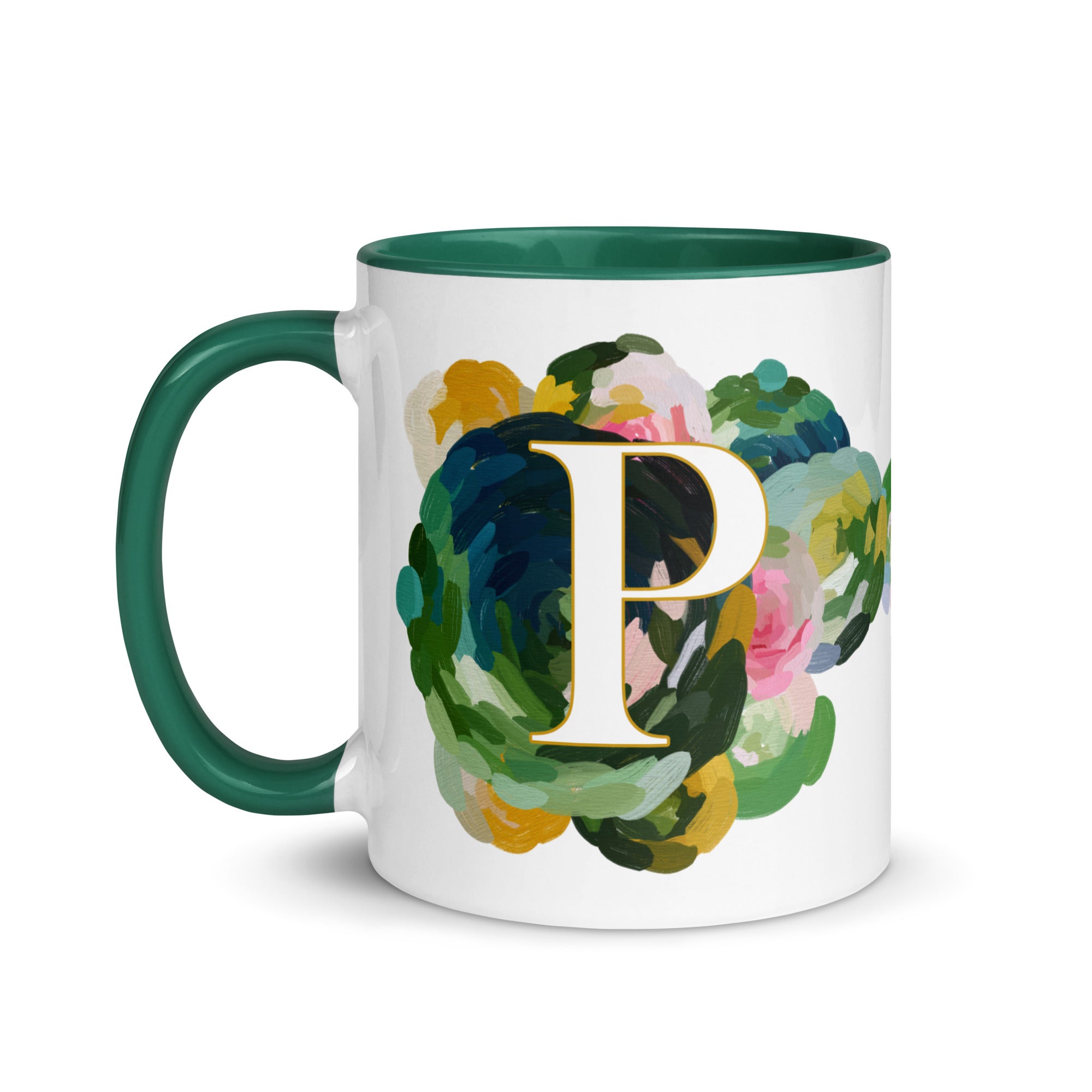 Blue Flowers Monogram Ceramic Mug - Letter P - Pretty coffee and tea mug for flower lovers. Green colored on the inside and the handle. Art by Parima Studio. Chic floral mug