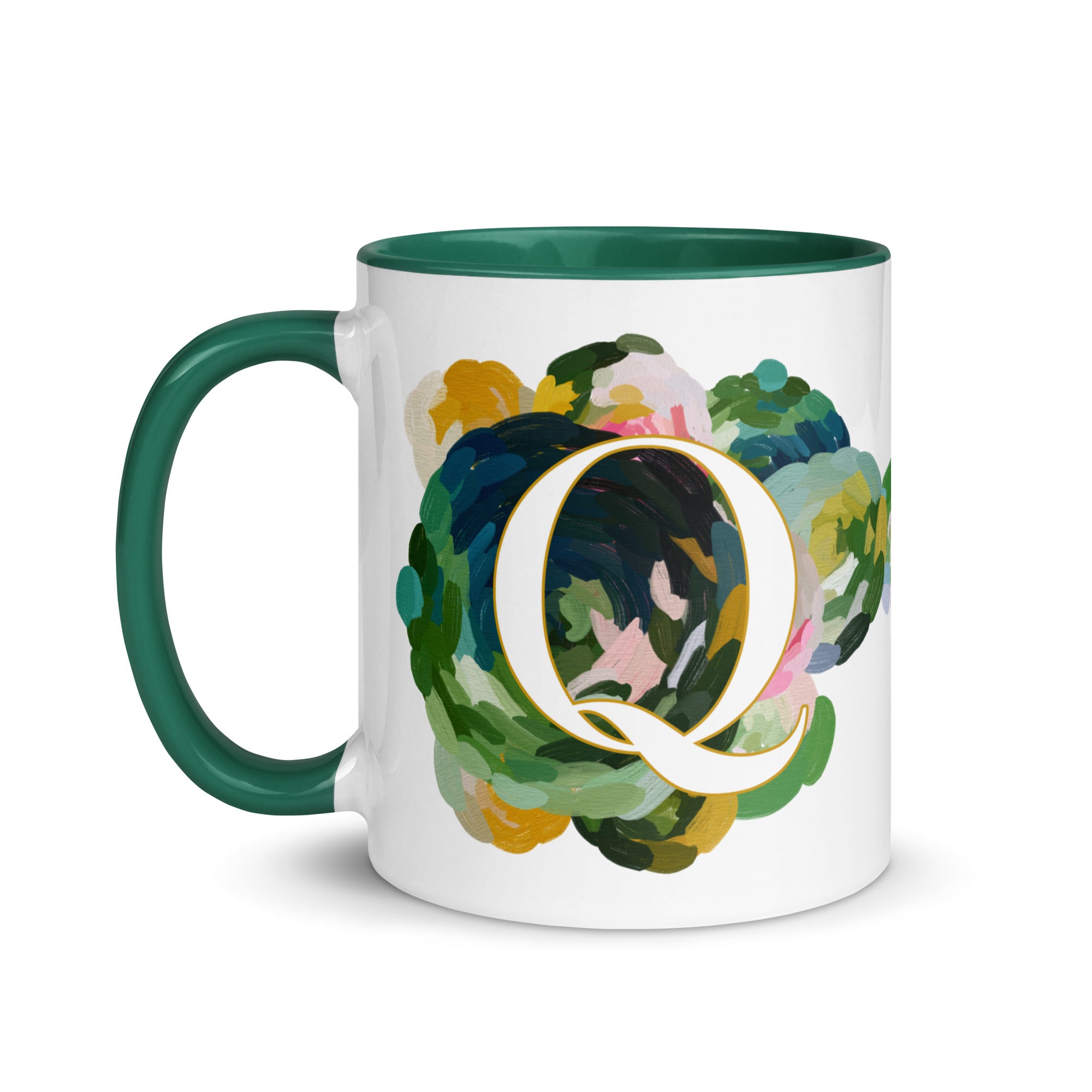 Blue Flowers Monogram Ceramic Mug - Letter Q - Pretty coffee and tea mug for flower lovers. Green colored on the inside and the handle. Art by Parima Studio. Chic floral mug