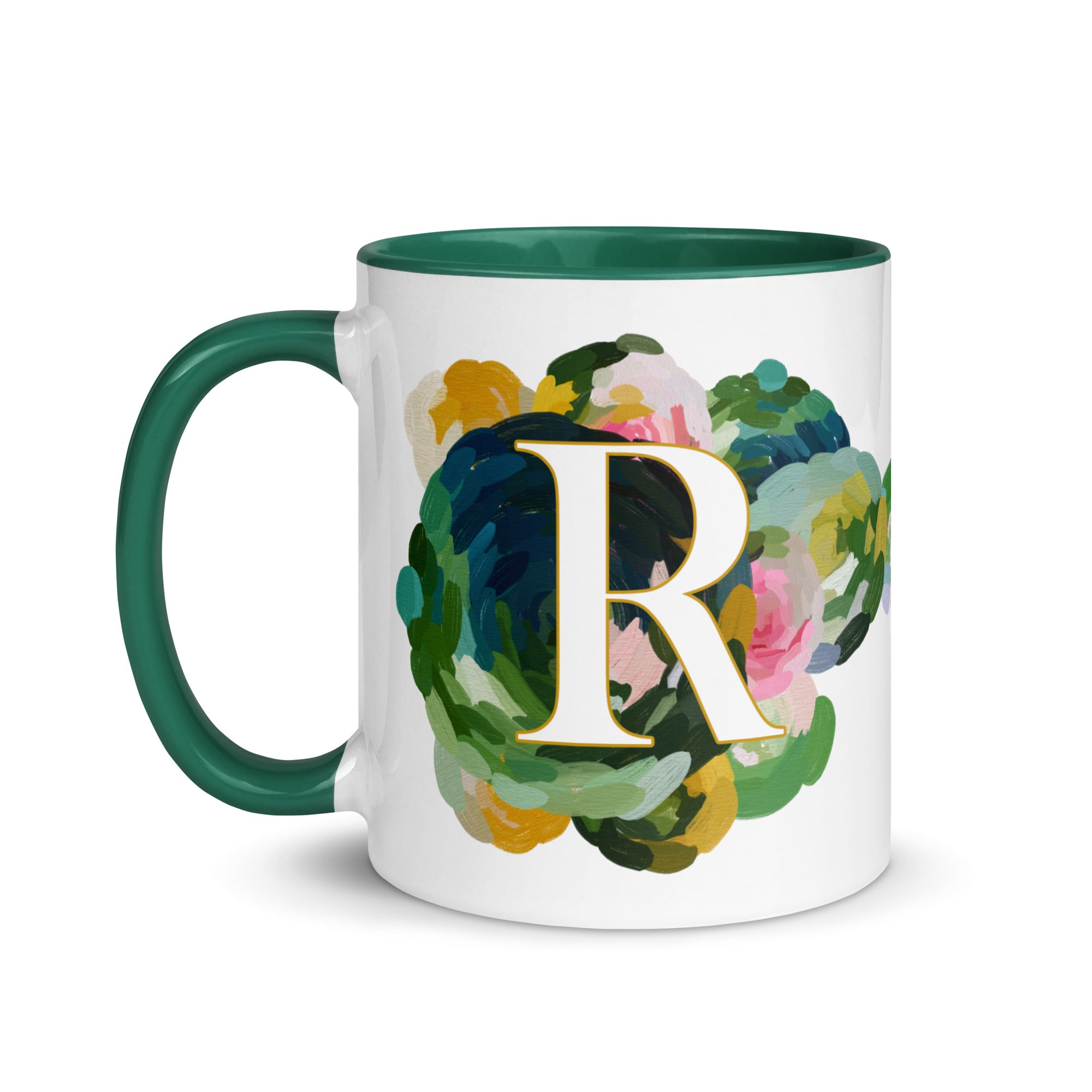 Blue Flowers Monogram Ceramic Mug - Letter R - Pretty coffee and tea mug for flower lovers. Green colored on the inside and the handle. Art by Parima Studio. Chic floral mug