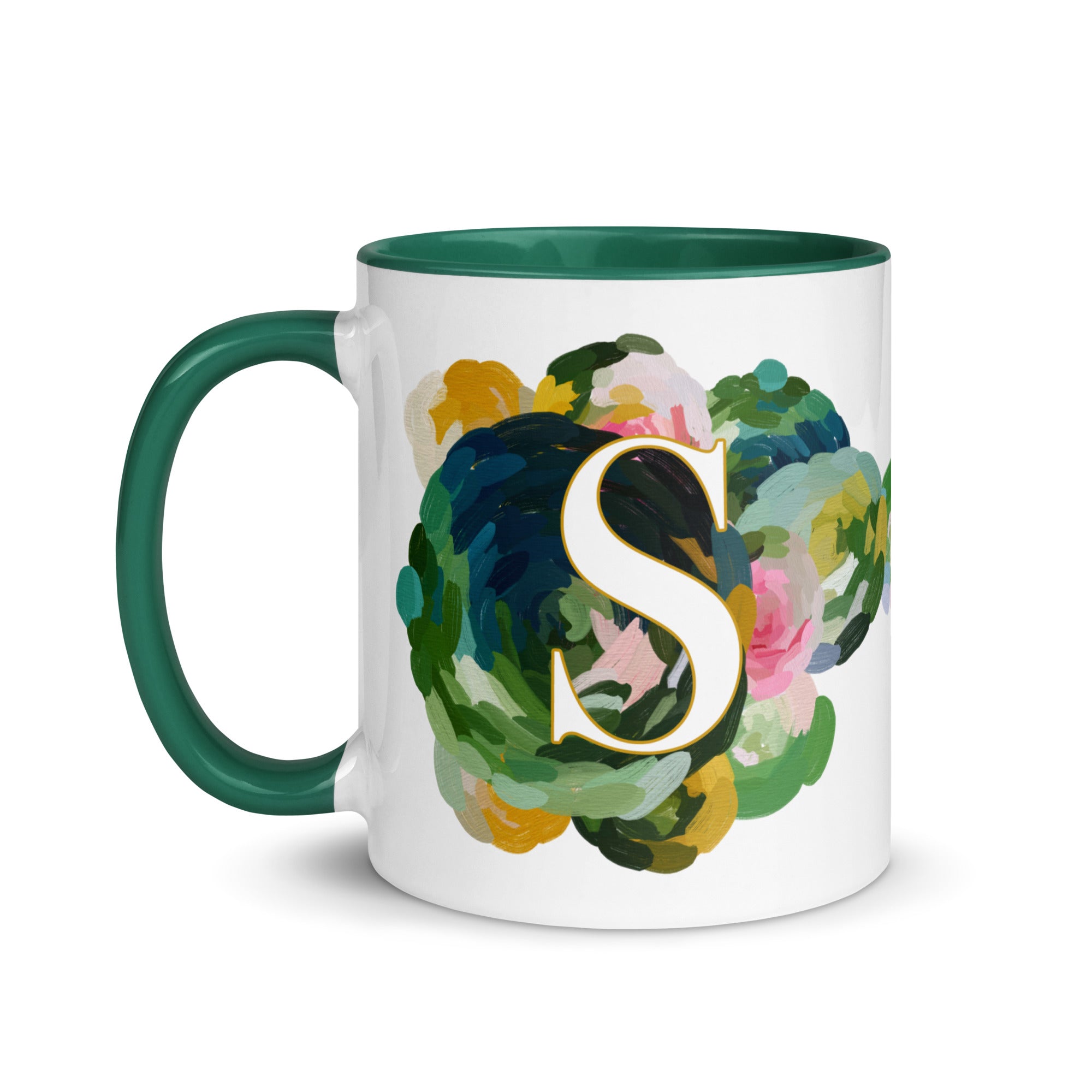 Blue Flowers Monogram Ceramic Mug - Letter S - Pretty coffee and tea mug for flower lovers. Green colored on the inside and the handle. Art by Parima Studio. Chic floral mug