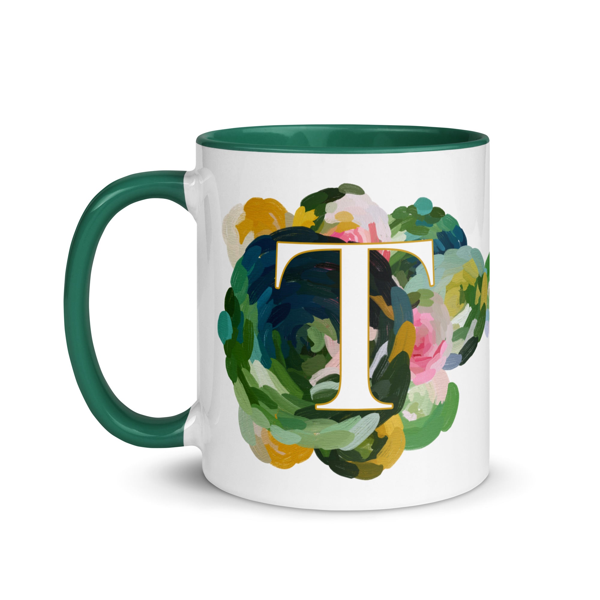 Blue Flowers Monogram Ceramic Mug - Letter T - Pretty coffee and tea mug for flower lovers. Green colored on the inside and the handle. Art by Parima Studio. Chic floral mug