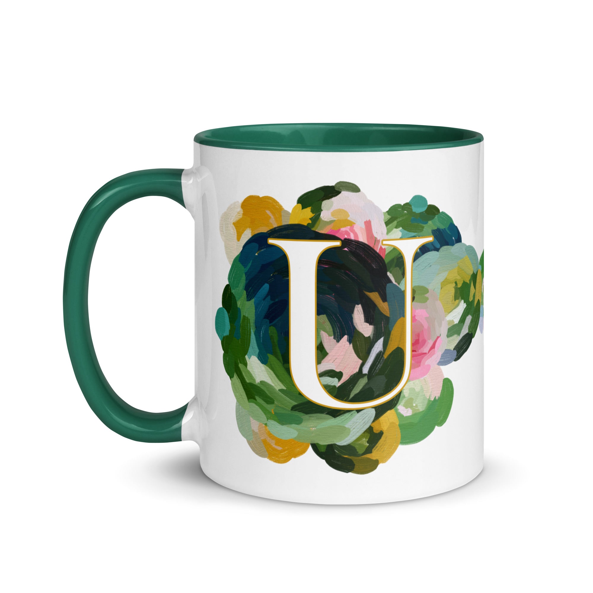 Blue Flowers Monogram Ceramic Mug - Letter U - Pretty coffee and tea mug for flower lovers. Green colored on the inside and the handle. Art by Parima Studio. Chic floral mug
