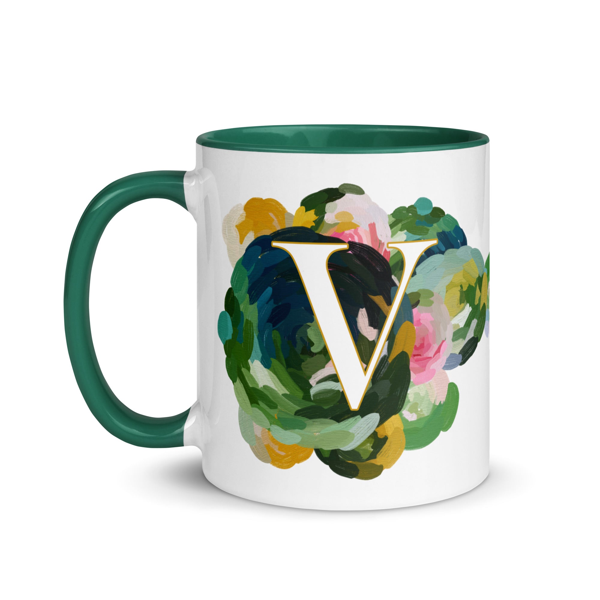 Blue Flowers Monogram Ceramic Mug - Letter V - Pretty coffee and tea mug for flower lovers. Green colored on the inside and the handle. Art by Parima Studio. Chic floral mug