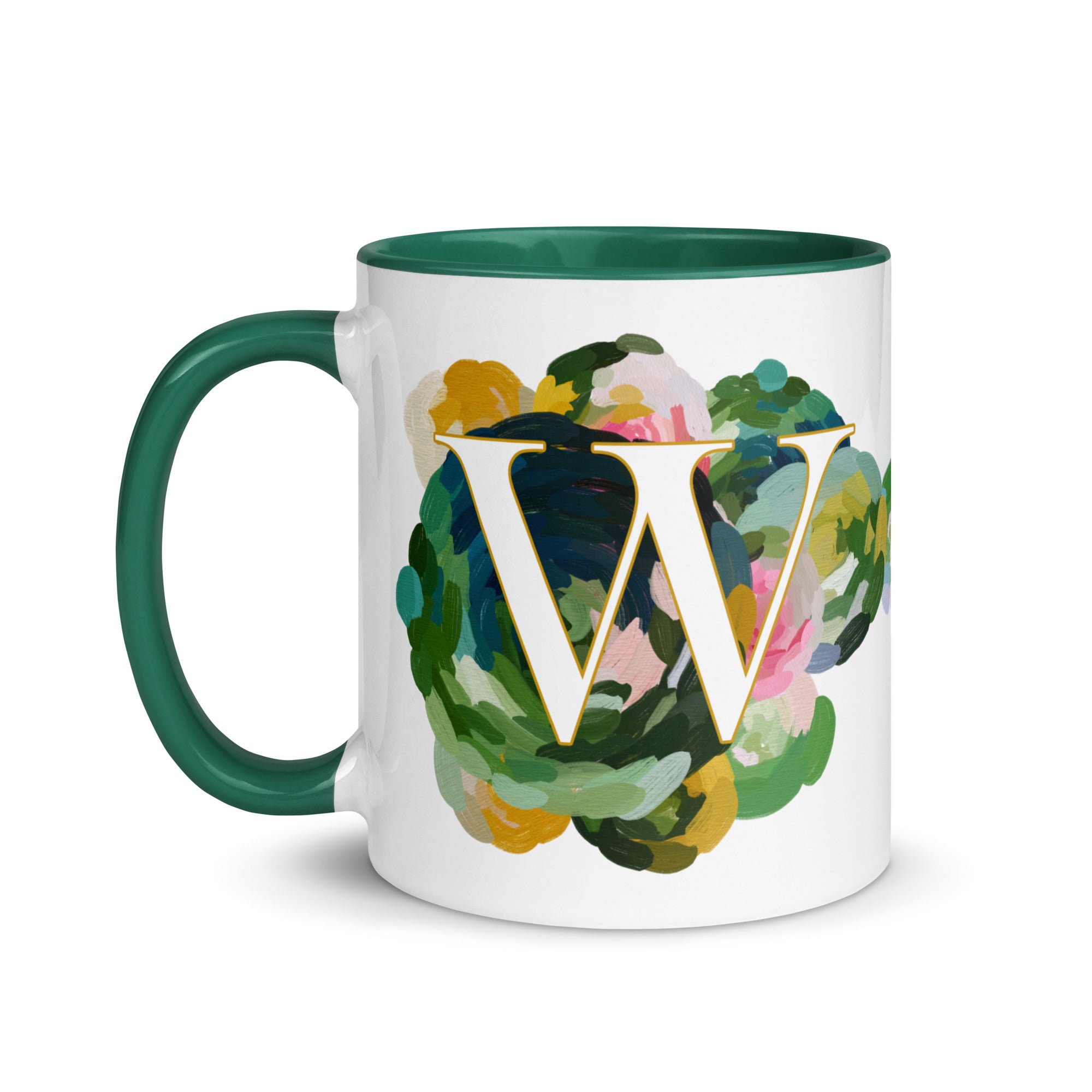 Blue Flowers Monogram Ceramic Mug - Letter W - Pretty coffee and tea mug for flower lovers. Green colored on the inside and the handle. Art by Parima Studio. Chic floral mug