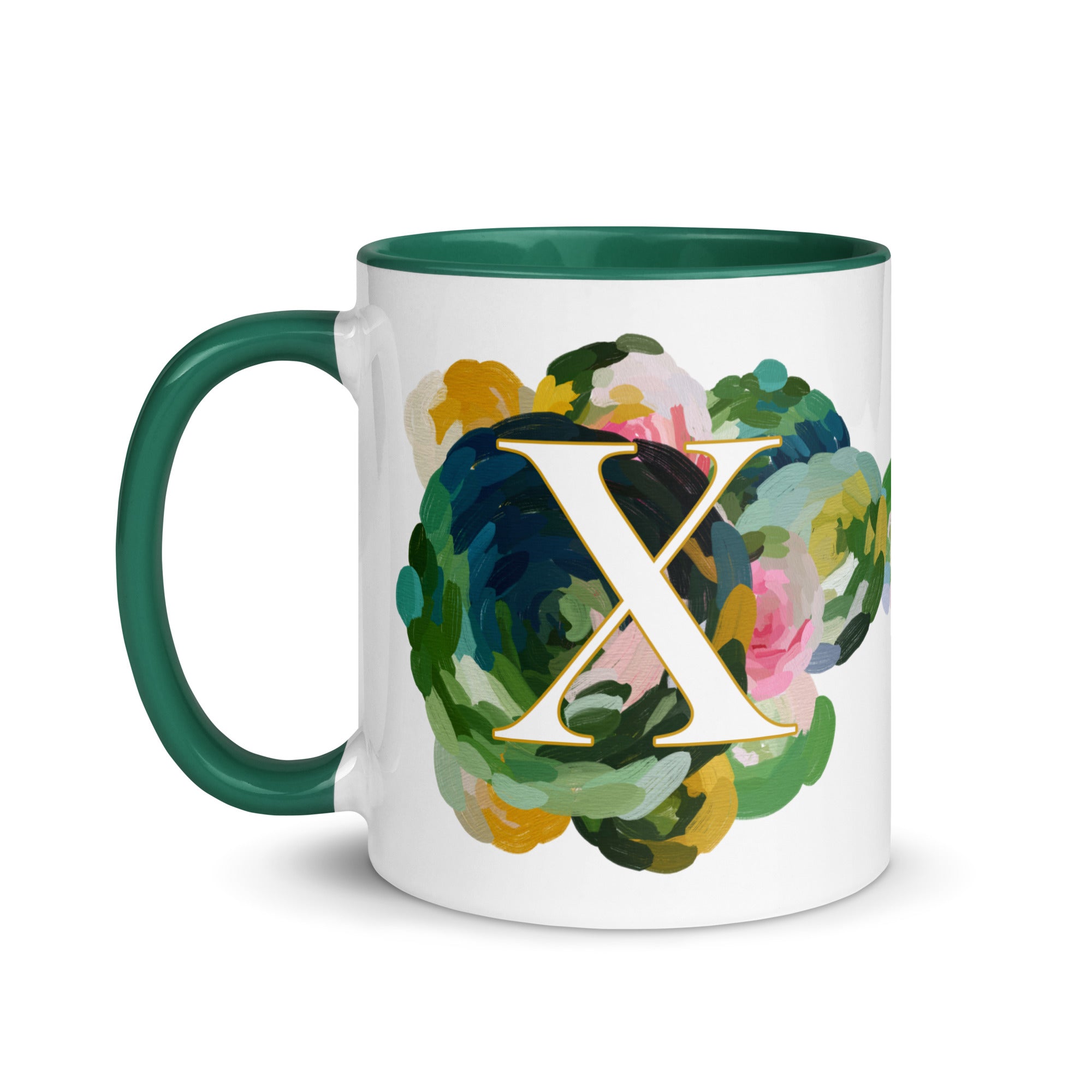 Blue Flowers Monogram Ceramic Mug - Letter X - Pretty coffee and tea mug for flower lovers. Green colored on the inside and the handle. Art by Parima Studio. Chic floral mug