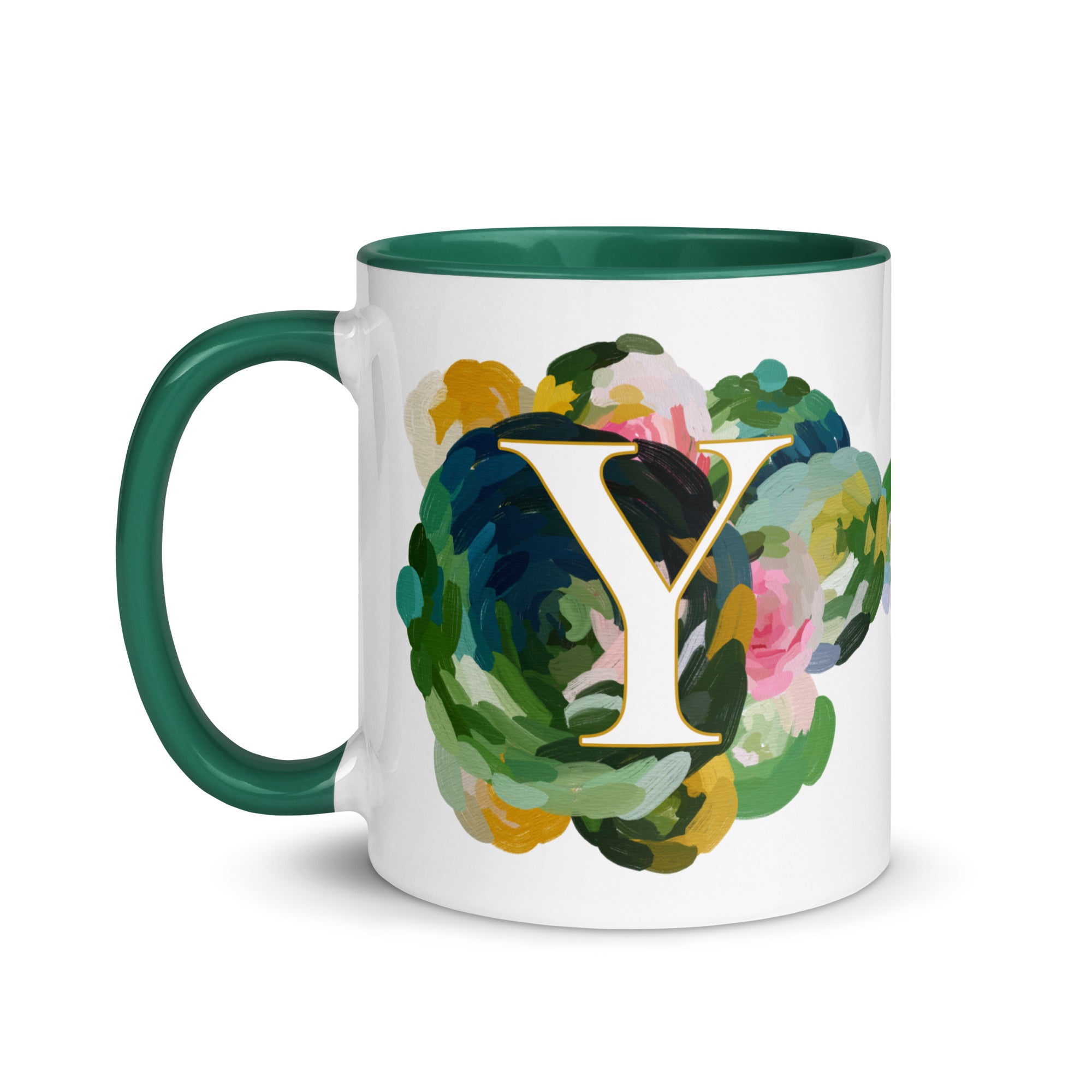 Blue Flowers Monogram Ceramic Mug - Letter Y - Pretty coffee and tea mug for flower lovers. Green colored on the inside and the handle. Art by Parima Studio. Chic floral mug