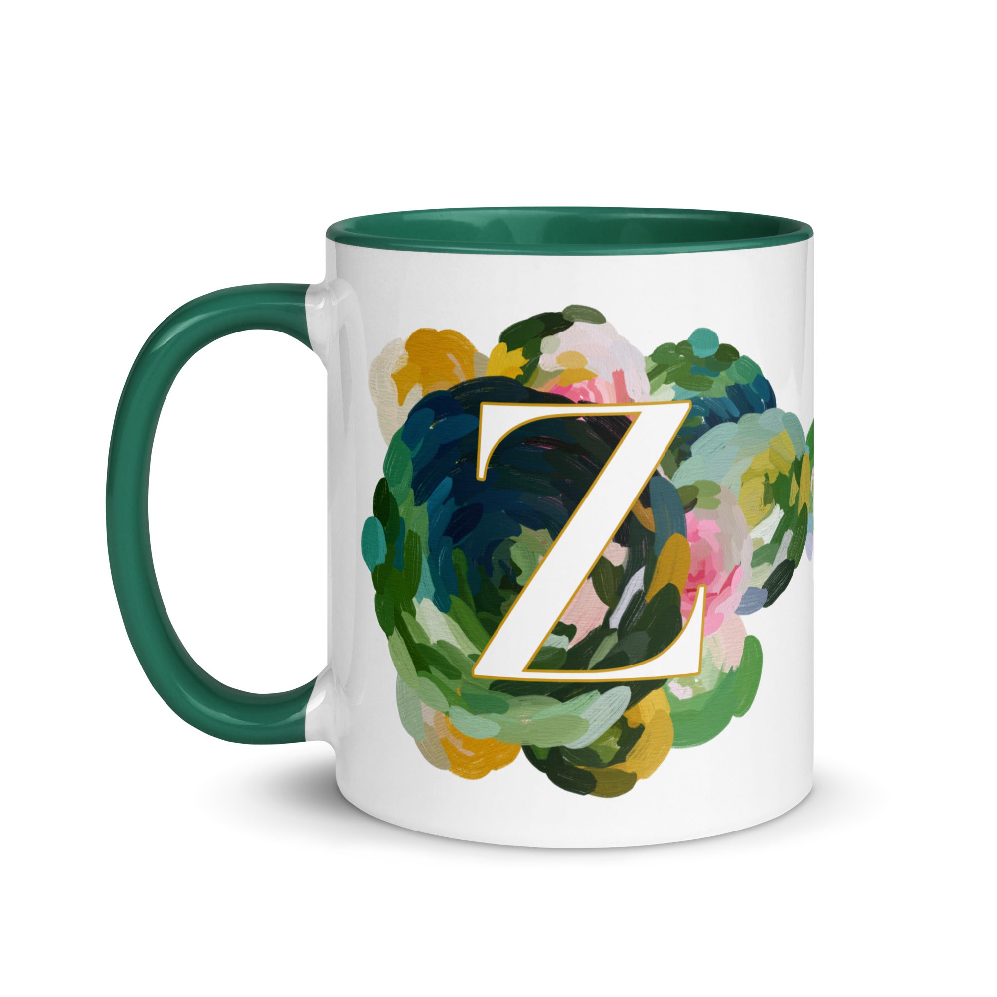 Blue Flowers Monogram Ceramic Mug - Letter Z - Pretty coffee and tea mug for flower lovers. Green colored on the inside and the handle. Art by Parima Studio. Chic floral mug