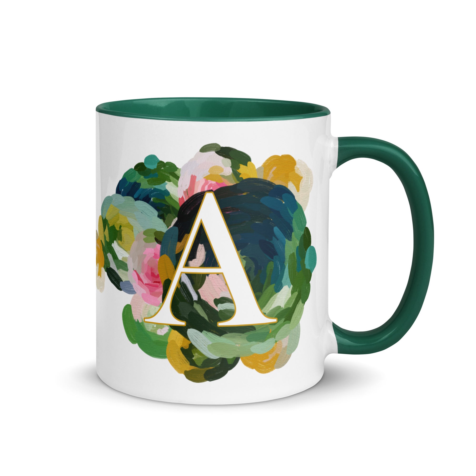 Blue Flowers Monogram Ceramic Mug - Letter A - Pretty coffee and tea mug for flower lovers. Green colored on the inside and the handle. Art by Parima Studio. Chic floral mug