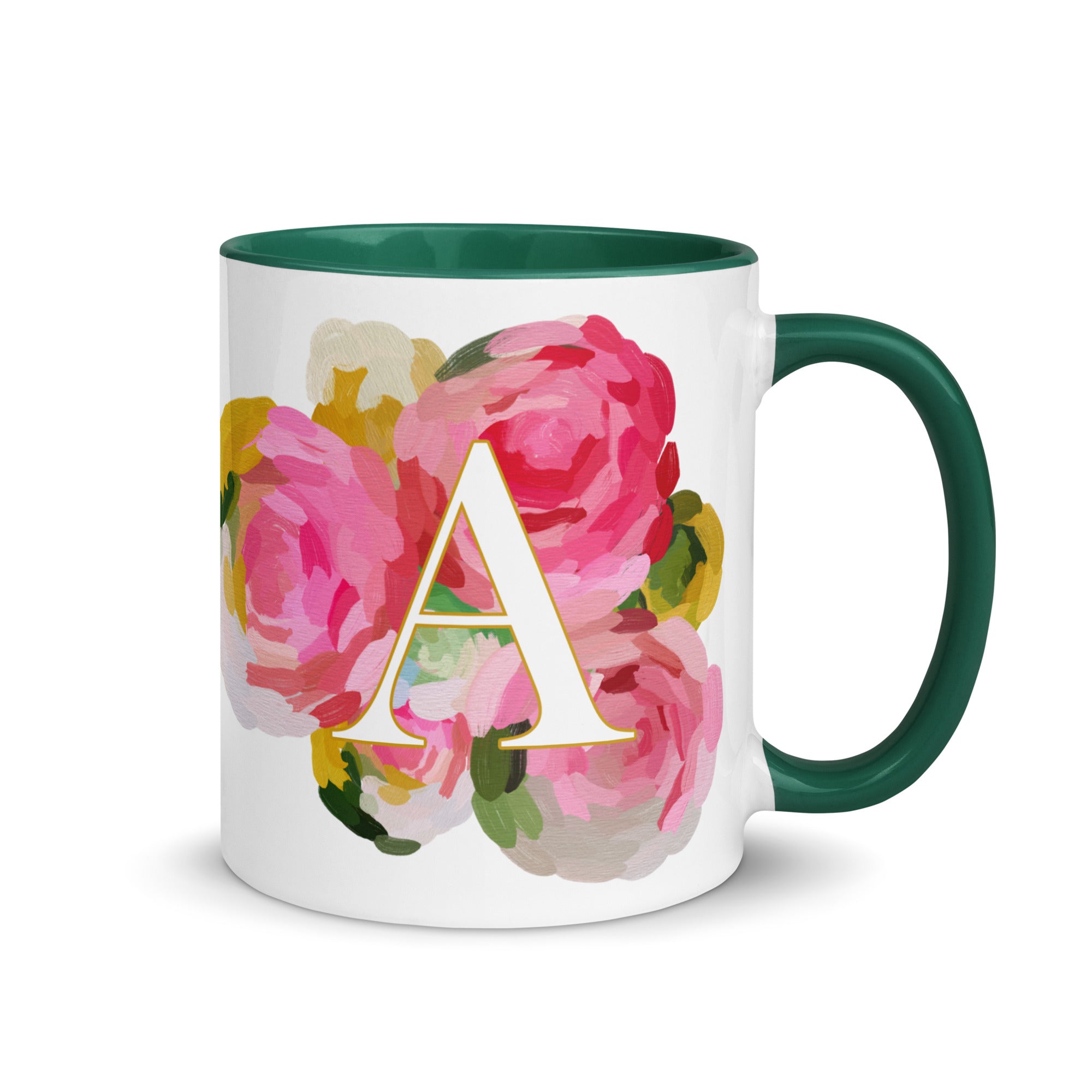 Pink Flowers Monogram Ceramic Mug - Letter A - Pretty coffee and tea mug for flower lovers. Green colored on the inside and the handle. Art by Parima Studio