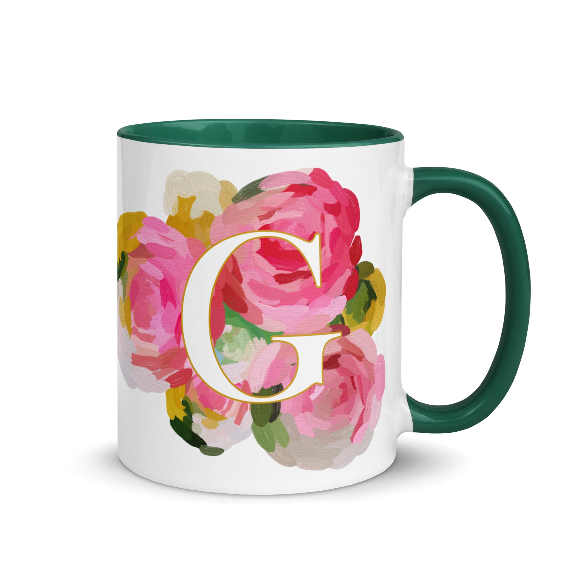 Pink Flowers Monogram Ceramic Mug - Letter G - Pretty coffee and tea mug for flower lovers. Green colored on the inside and the handle. Art by Parima Studio. Chic floral mug
