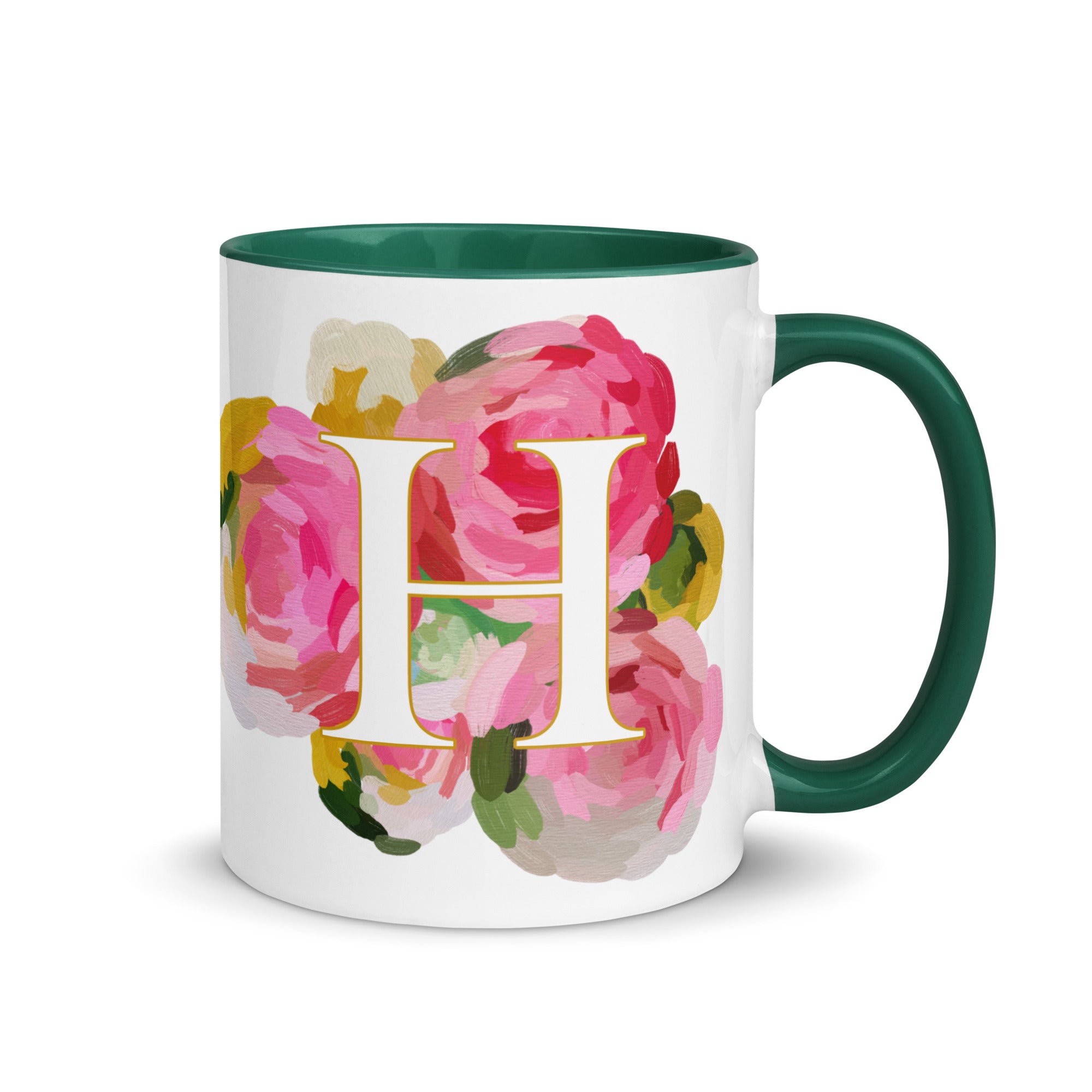 Pink Flowers Monogram Ceramic Mug - Letter H - Pretty coffee and tea mug for flower lovers. Green colored on the inside and the handle. Art by Parima Studio. Chic floral mug