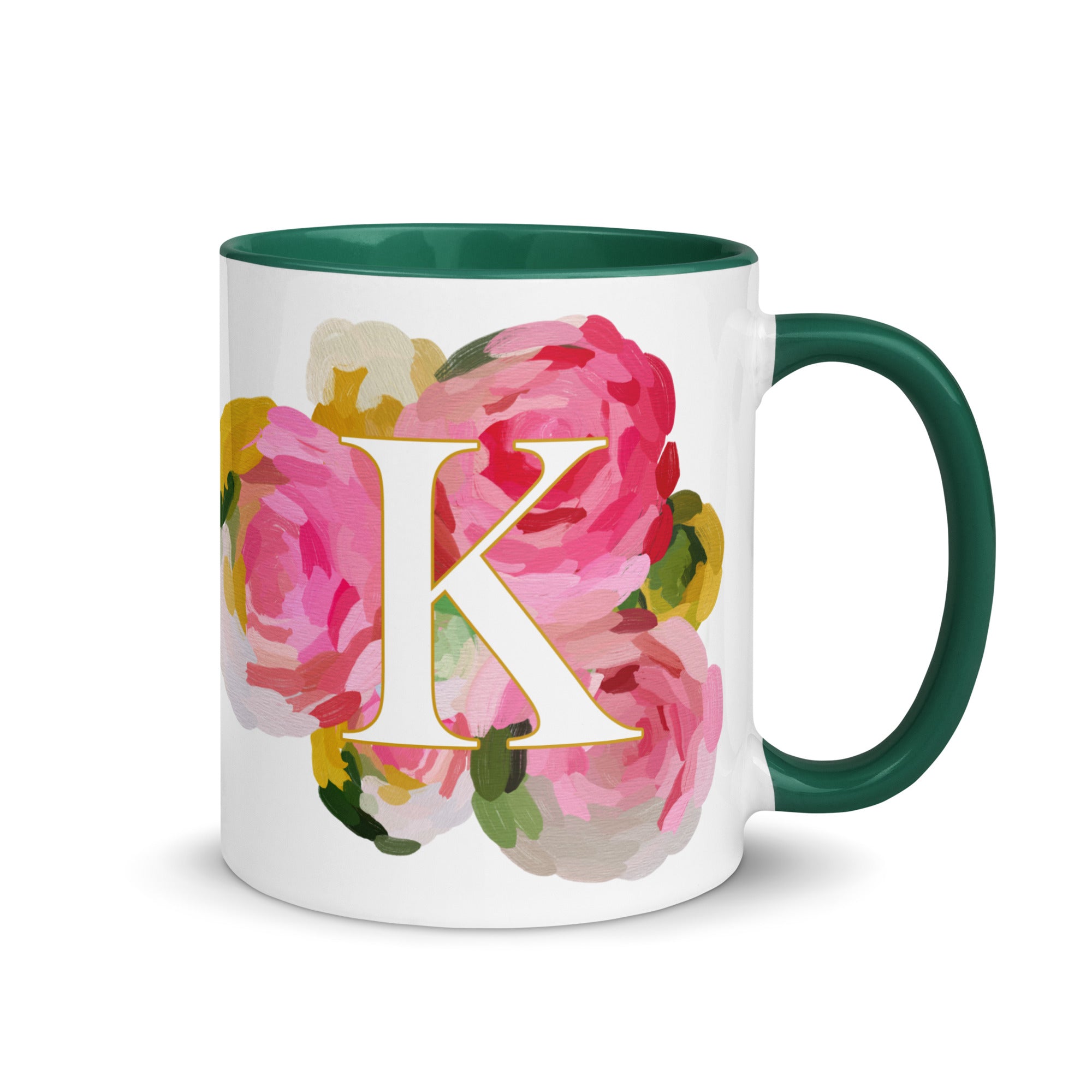 Pink Flowers Monogram Ceramic Mug - Letter K - Pretty coffee and tea mug for flower lovers. Green colored on the inside and the handle. Art by Parima Studio. Chic floral mug