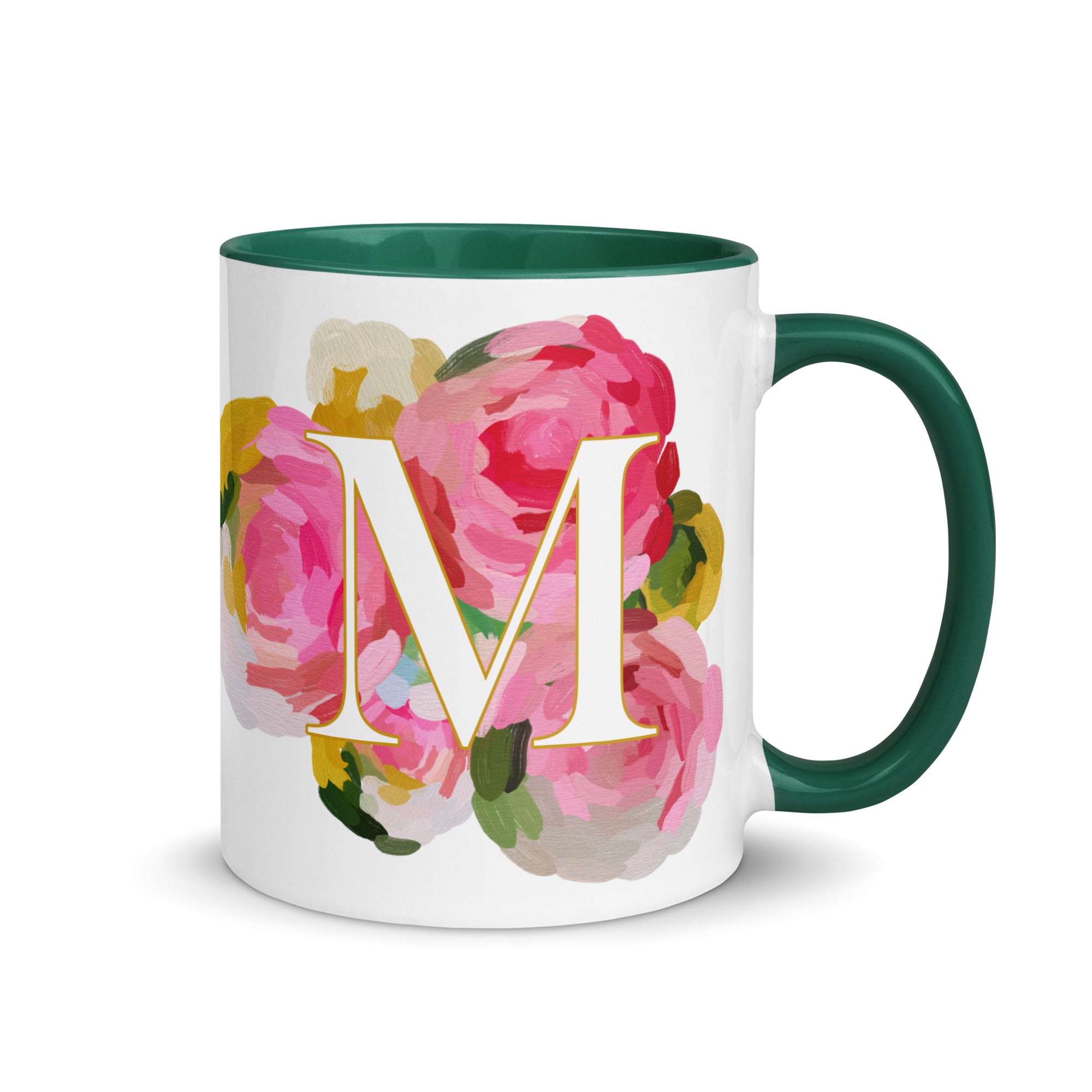 Pink Flowers Monogram Ceramic Mug - Letter M - Pretty coffee and tea mug for flower lovers. Green colored on the inside and the handle. Art by Parima Studio. Chic floral mug