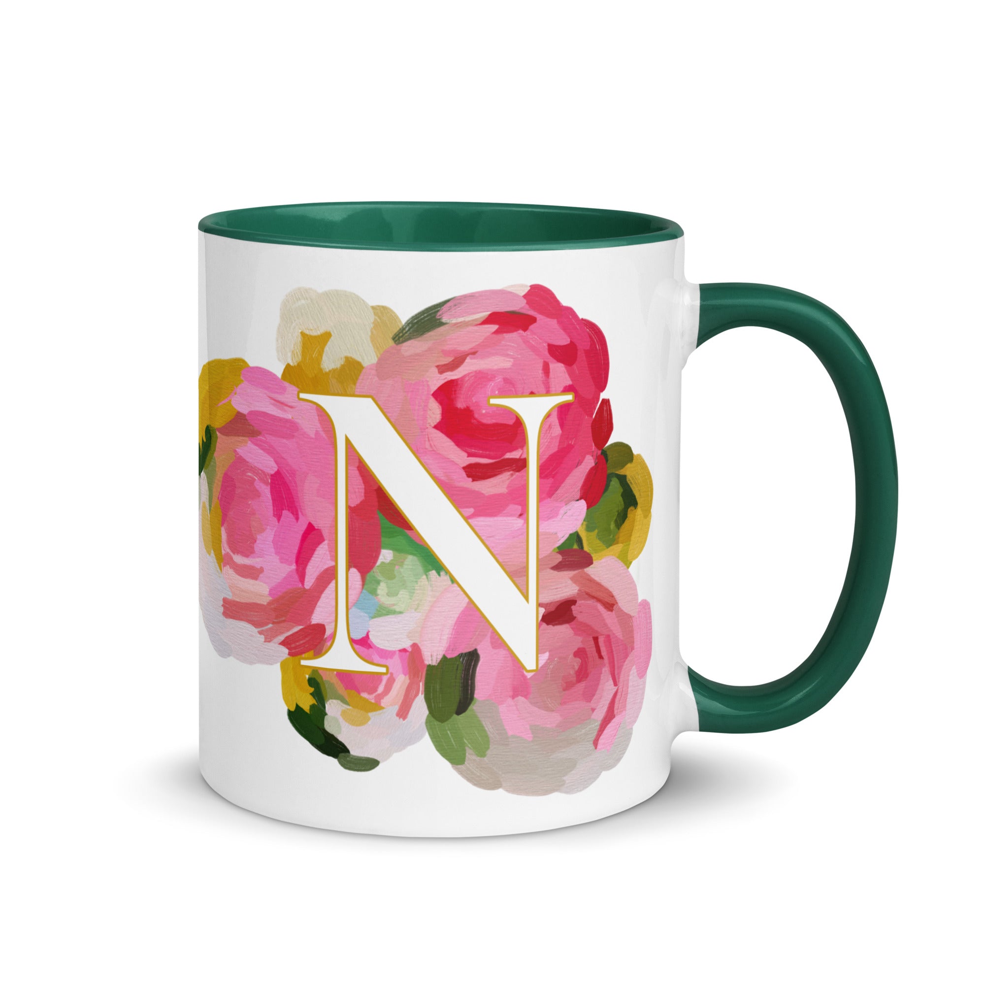 Pink Flowers Monogram Ceramic Mug - Letter N - Pretty coffee and tea mug for flower lovers. Green colored on the inside and the handle. Art by Parima Studio. Chic floral mug