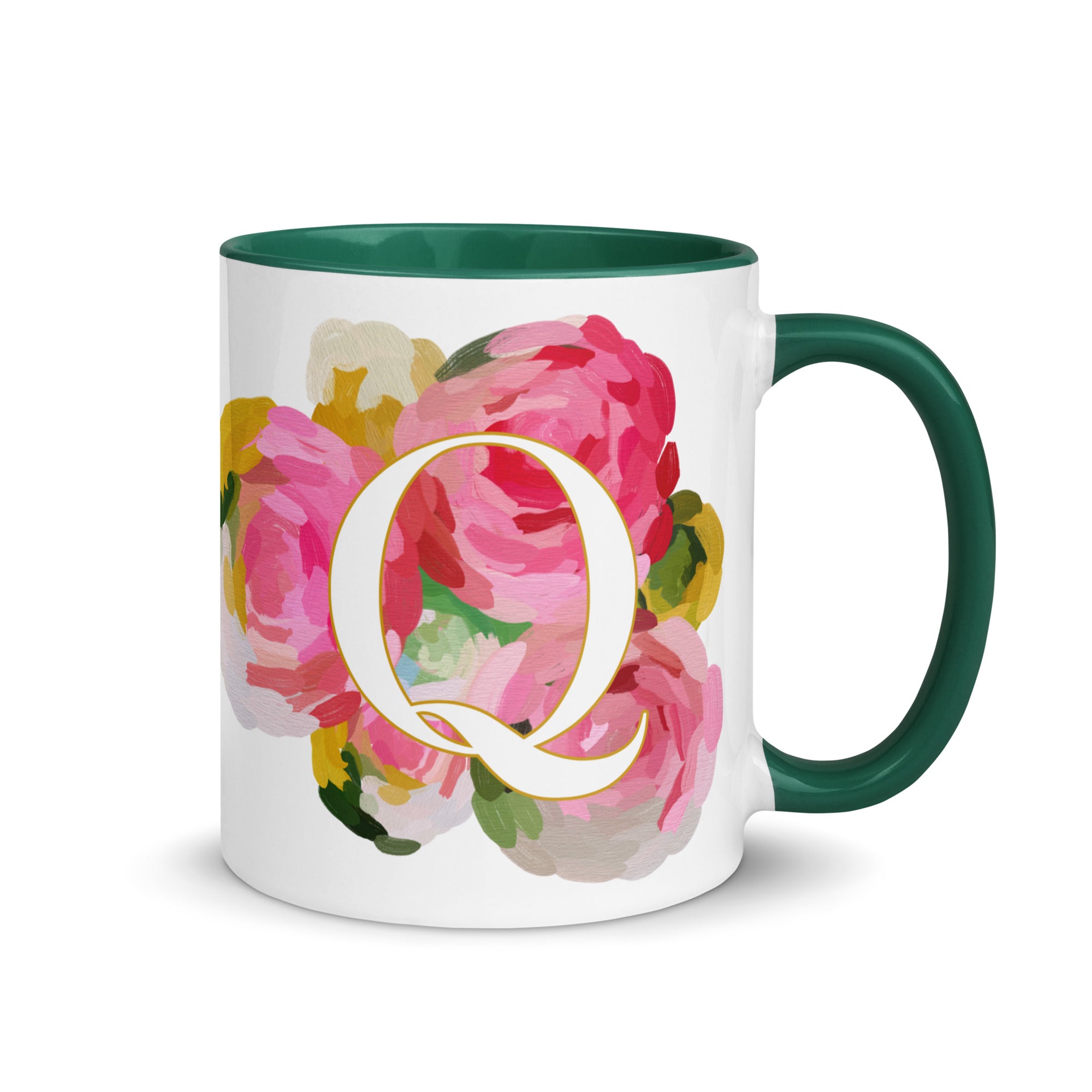 Pink Flowers Monogram Ceramic Mug - Letter Q - Pretty coffee and tea mug for flower lovers. Green colored on the inside and the handle. Art by Parima Studio. Chic floral mug