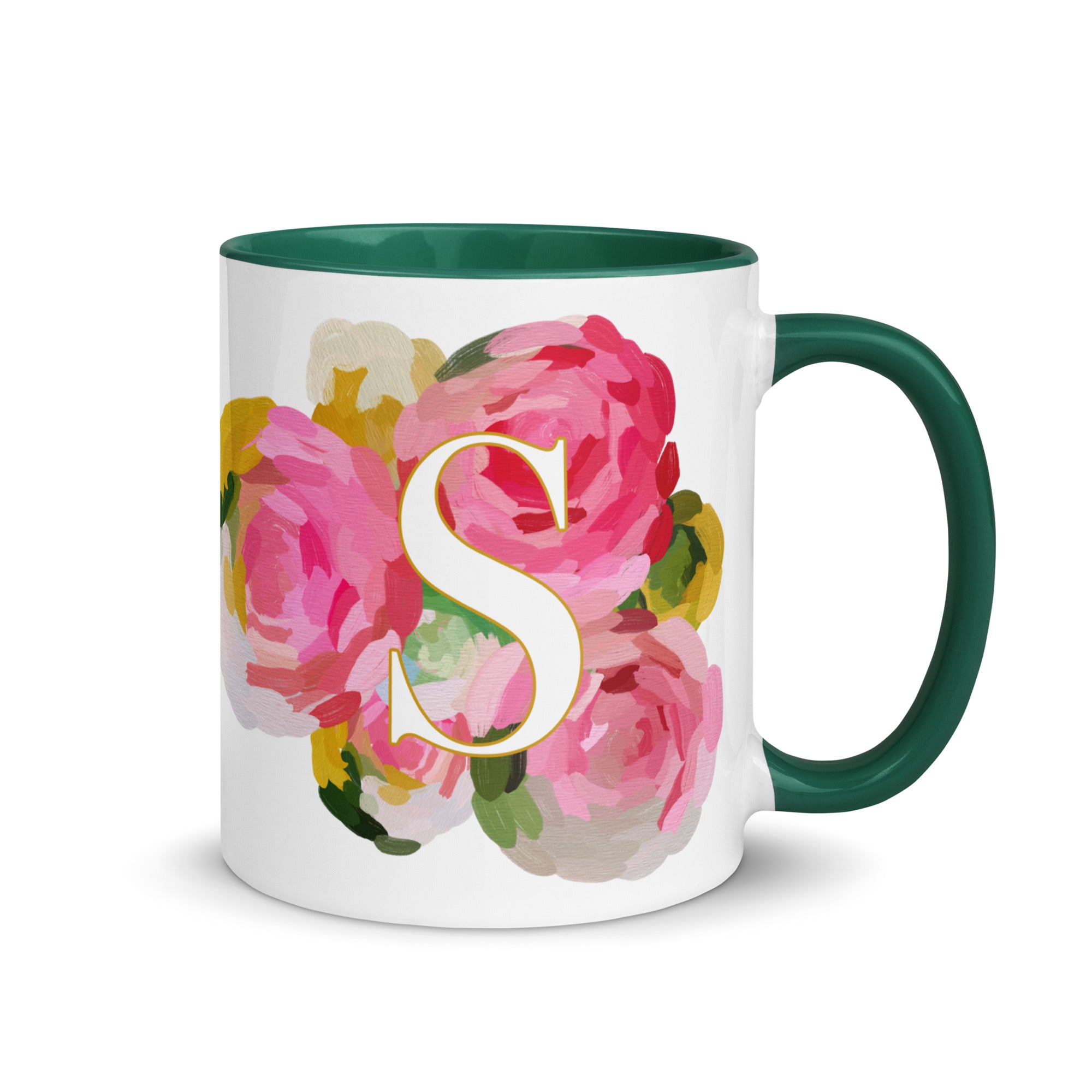 Pink Flowers Monogram Ceramic Mug - Letter S - Pretty coffee and tea mug for flower lovers. Green colored on the inside and the handle. Art by Parima Studio. Chic floral mug