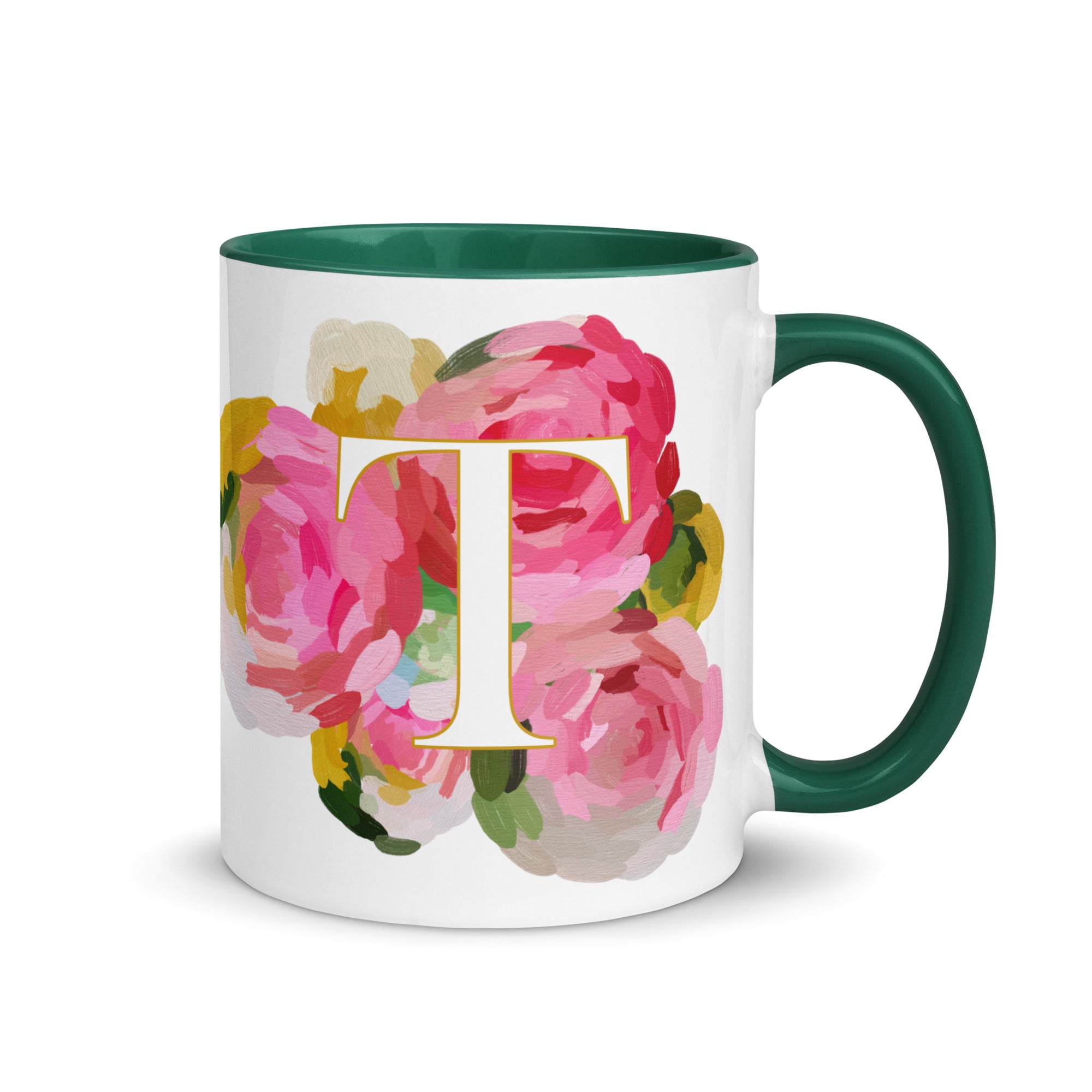 Pink Flowers Monogram Ceramic Mug - Letter T - Pretty coffee and tea mug for flower lovers. Green colored on the inside and the handle. Art by Parima Studio. Chic floral mug