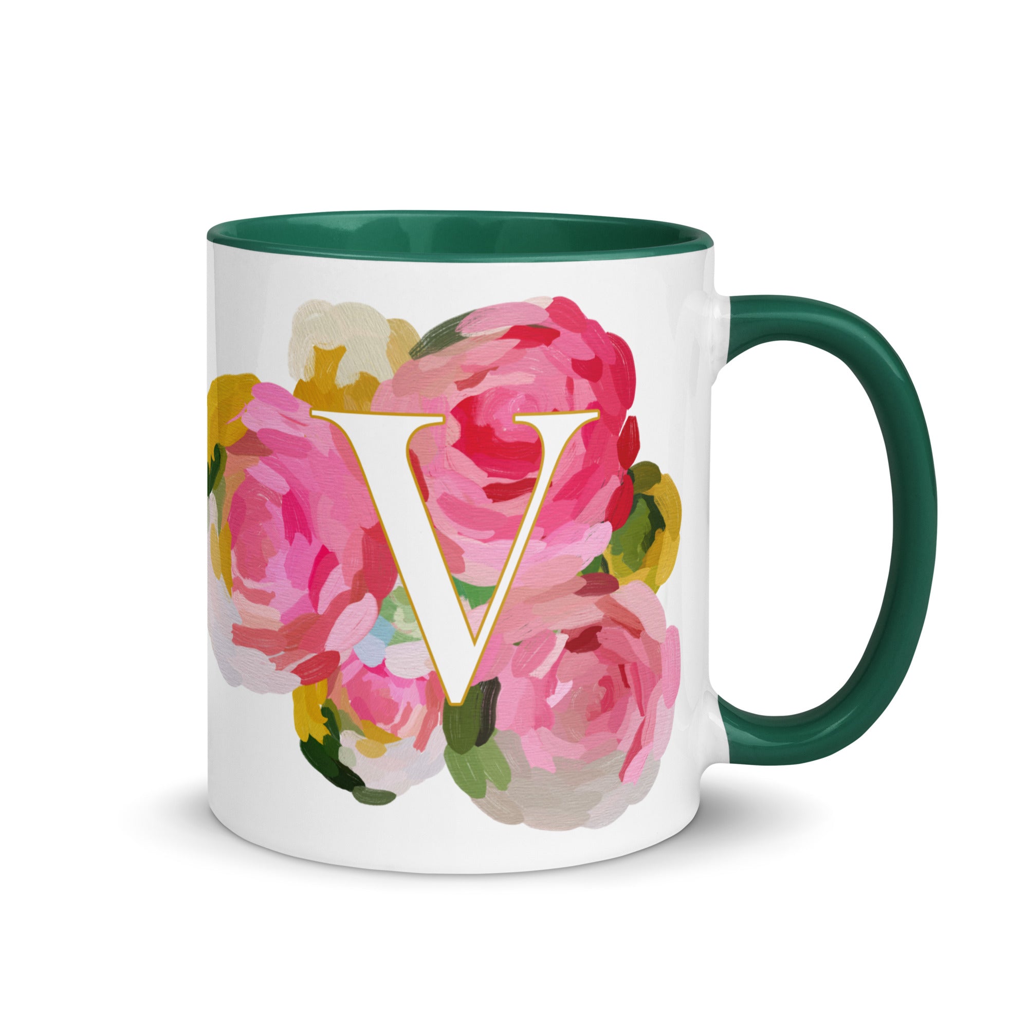 Pink Flowers Monogram Ceramic Mug - Letter V - Pretty coffee and tea mug for flower lovers. Green colored on the inside and the handle. Art by Parima Studio. Chic floral mug