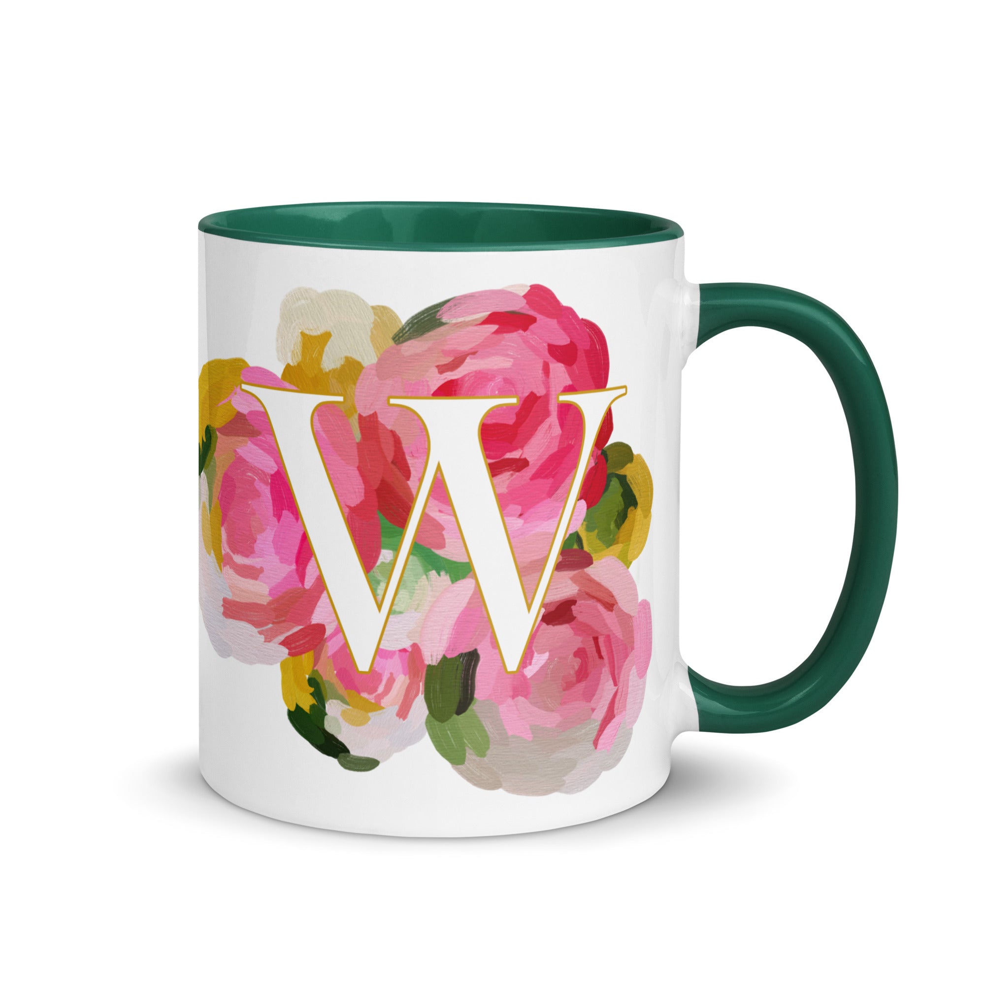 Pink Flowers Monogram Ceramic Mug - Letter W - Pretty coffee and tea mug for flower lovers. Green colored on the inside and the handle. Art by Parima Studio. Chic floral mug