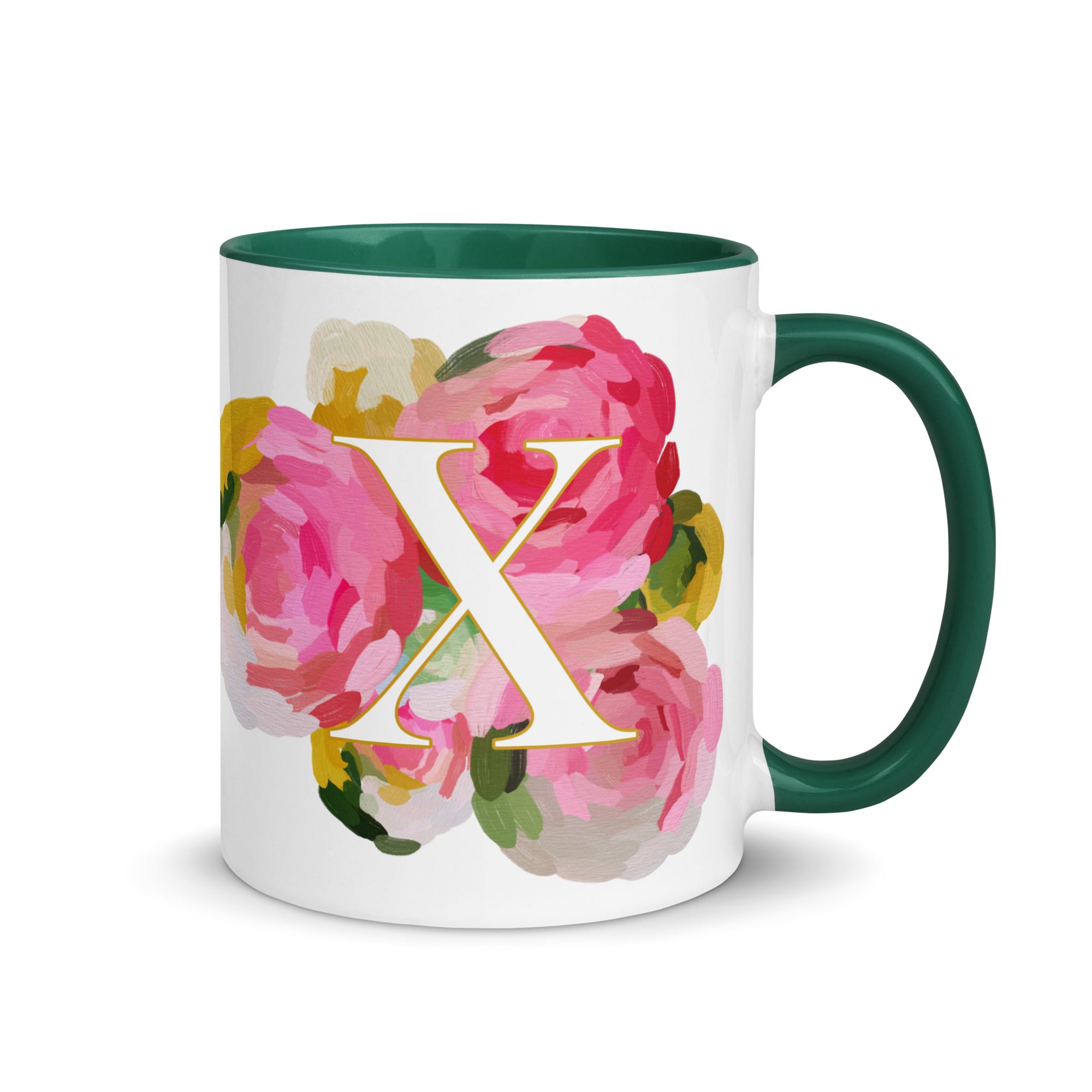 Pink Flowers Monogram Ceramic Mug - Letter X - Pretty coffee and tea mug for flower lovers. Green colored on the inside and the handle. Art by Parima Studio. Chic floral mug