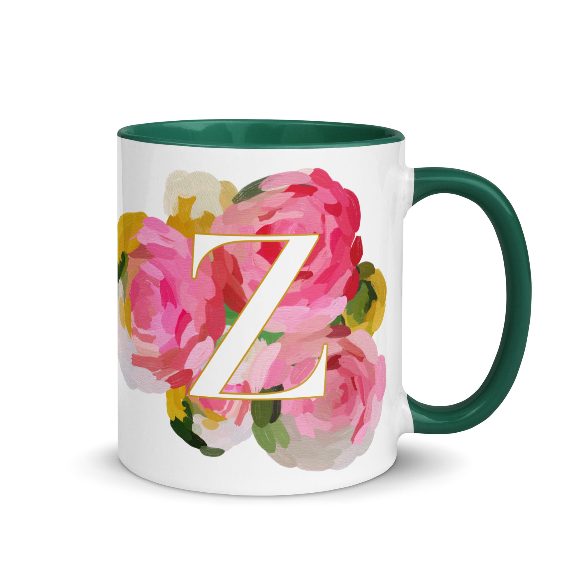 Pink Flowers Monogram Ceramic Mug - Letter Z - Pretty coffee and tea mug for flower lovers. Green colored on the inside and the handle. Art by Parima Studio. Chic floral mug